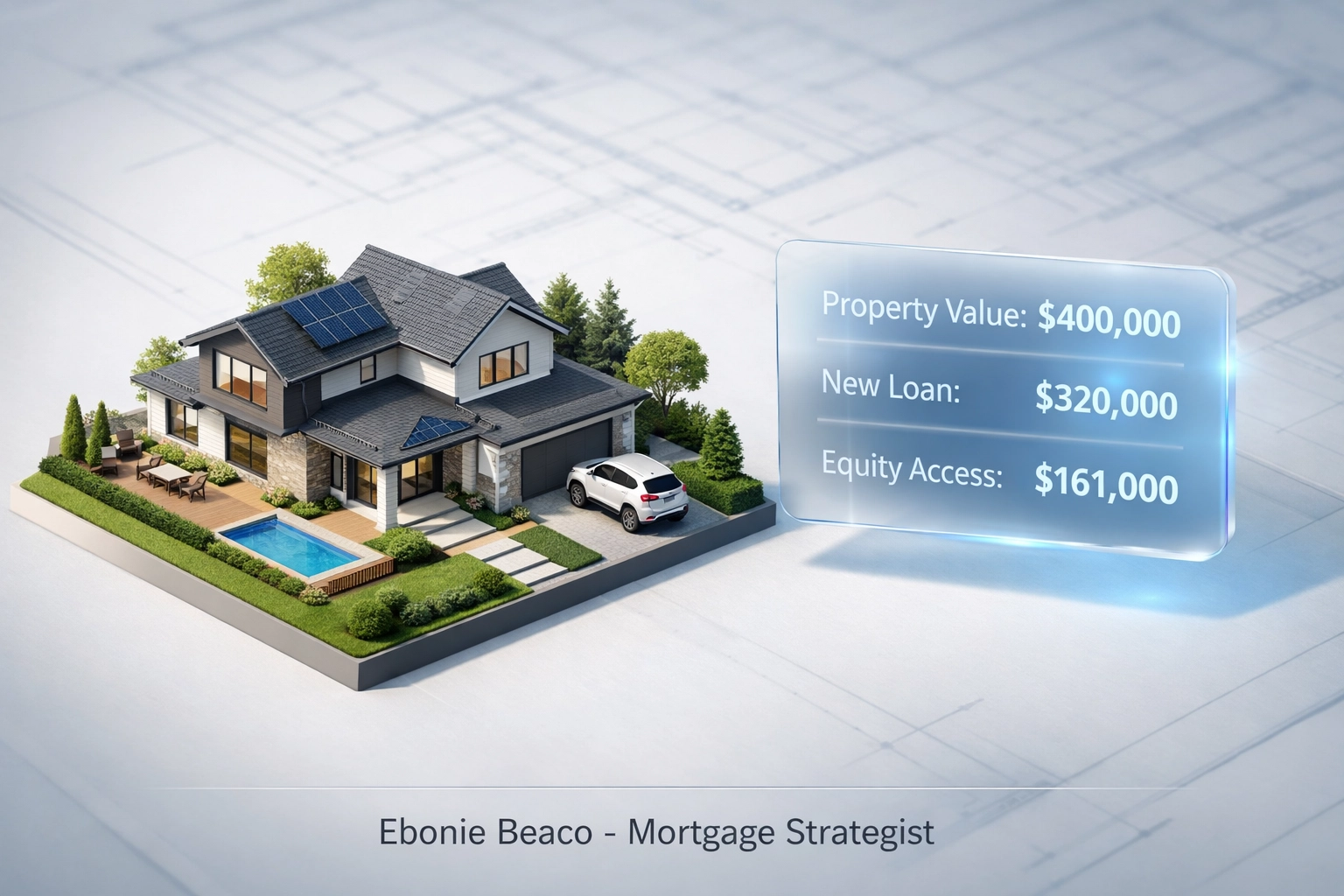 Cash-out refinance calculation example showing property value and home equity access totals.
