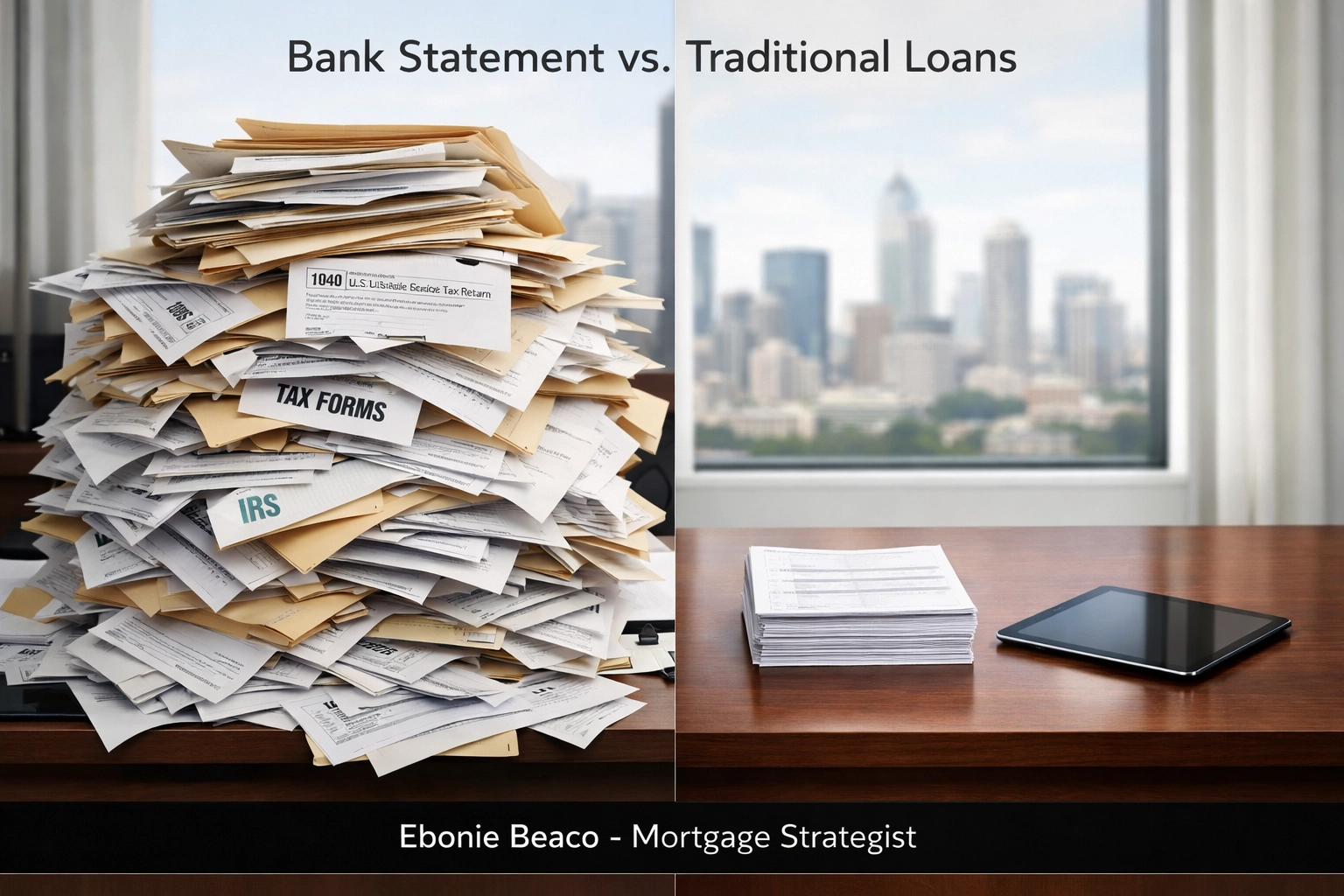 Split screen comparing bank statement loan documents to traditional mortgage tax forms for self-employed borrowers.
