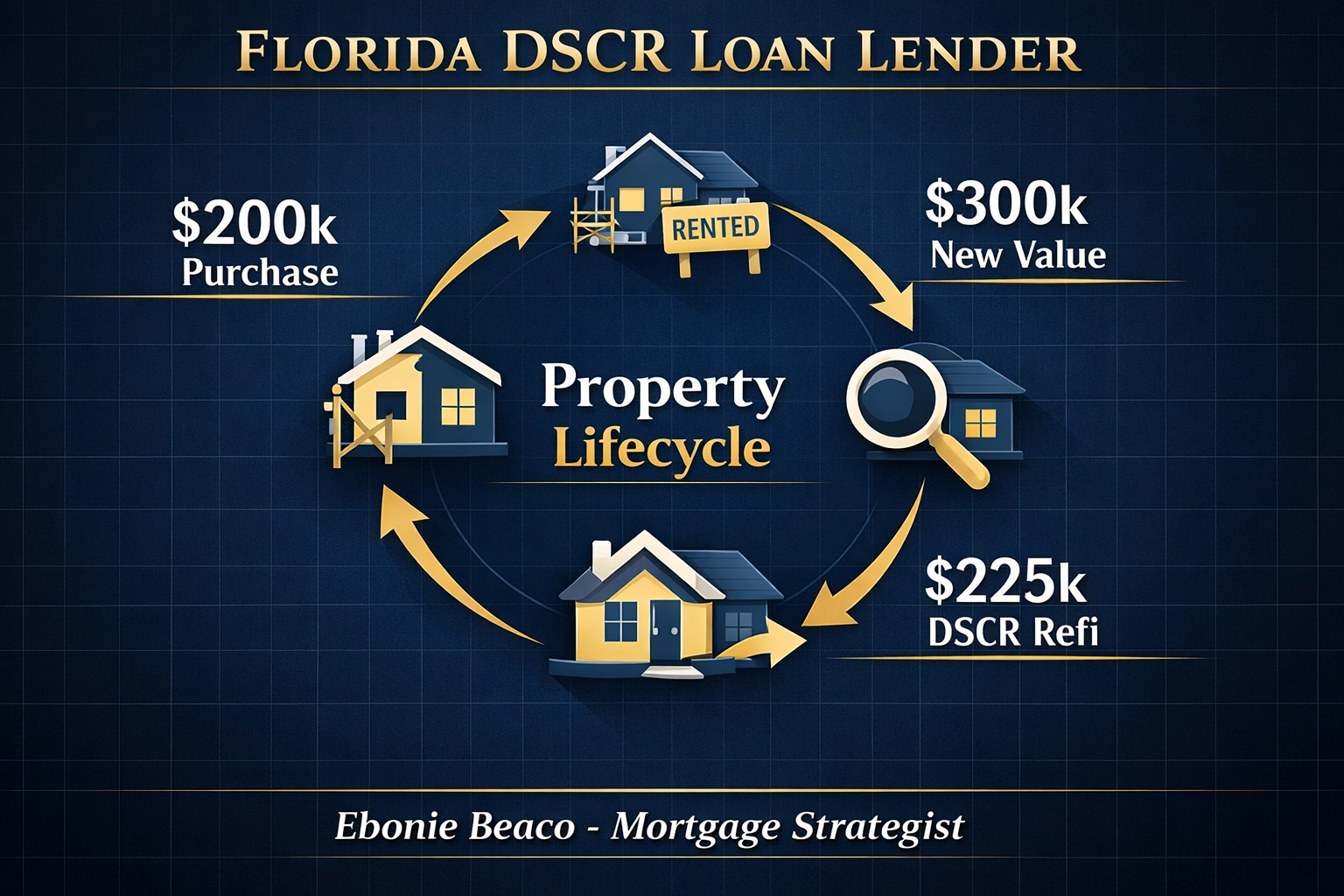 BRRRR method infographic explaining a DSCR cash-out refinance strategy for investors.