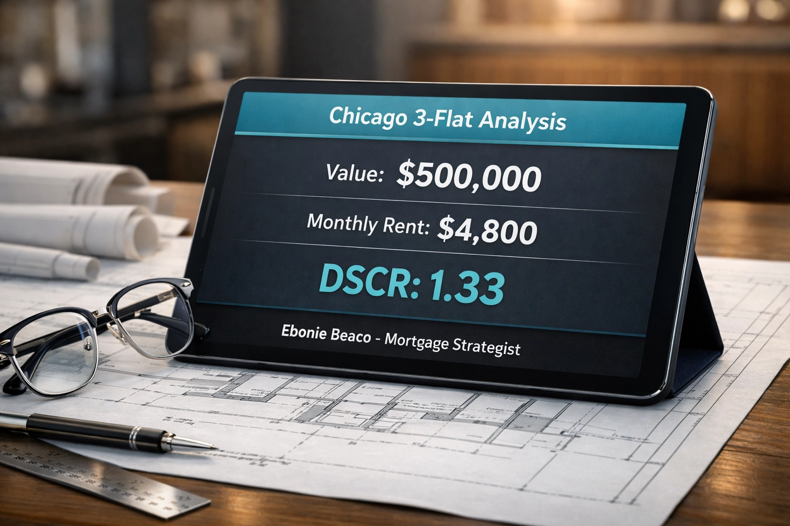 Financial analysis of a Chicago three-flat rental property showing DSCR calculations on a tablet screen.