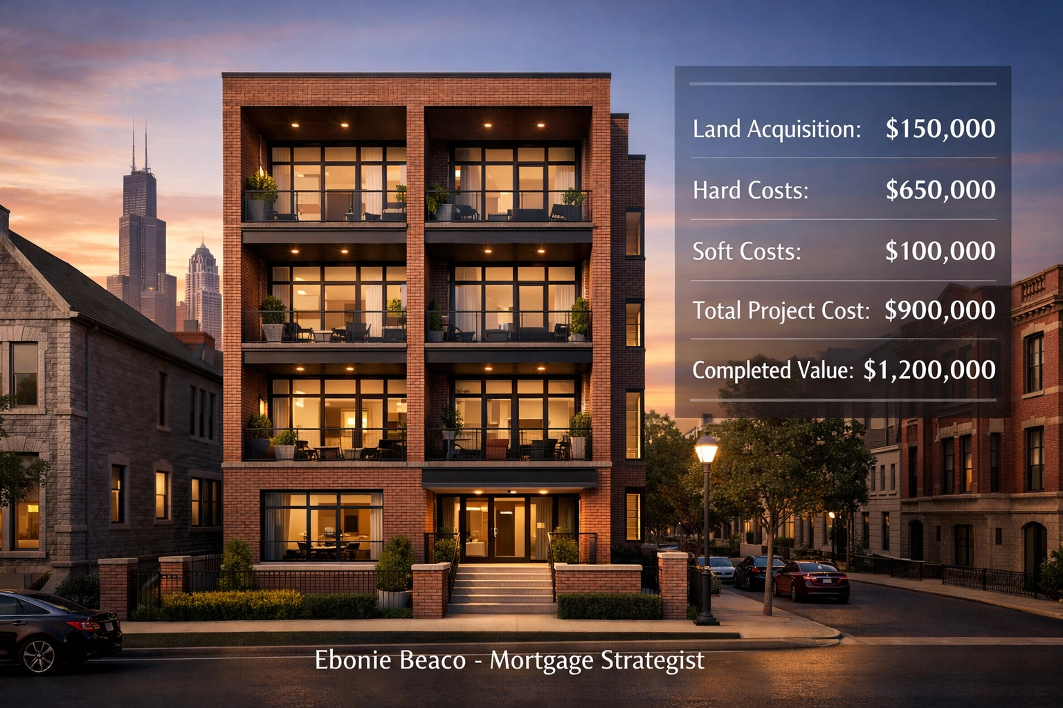 Financial example of a ground-up development loan for a 4-unit apartment building in Chicago.
