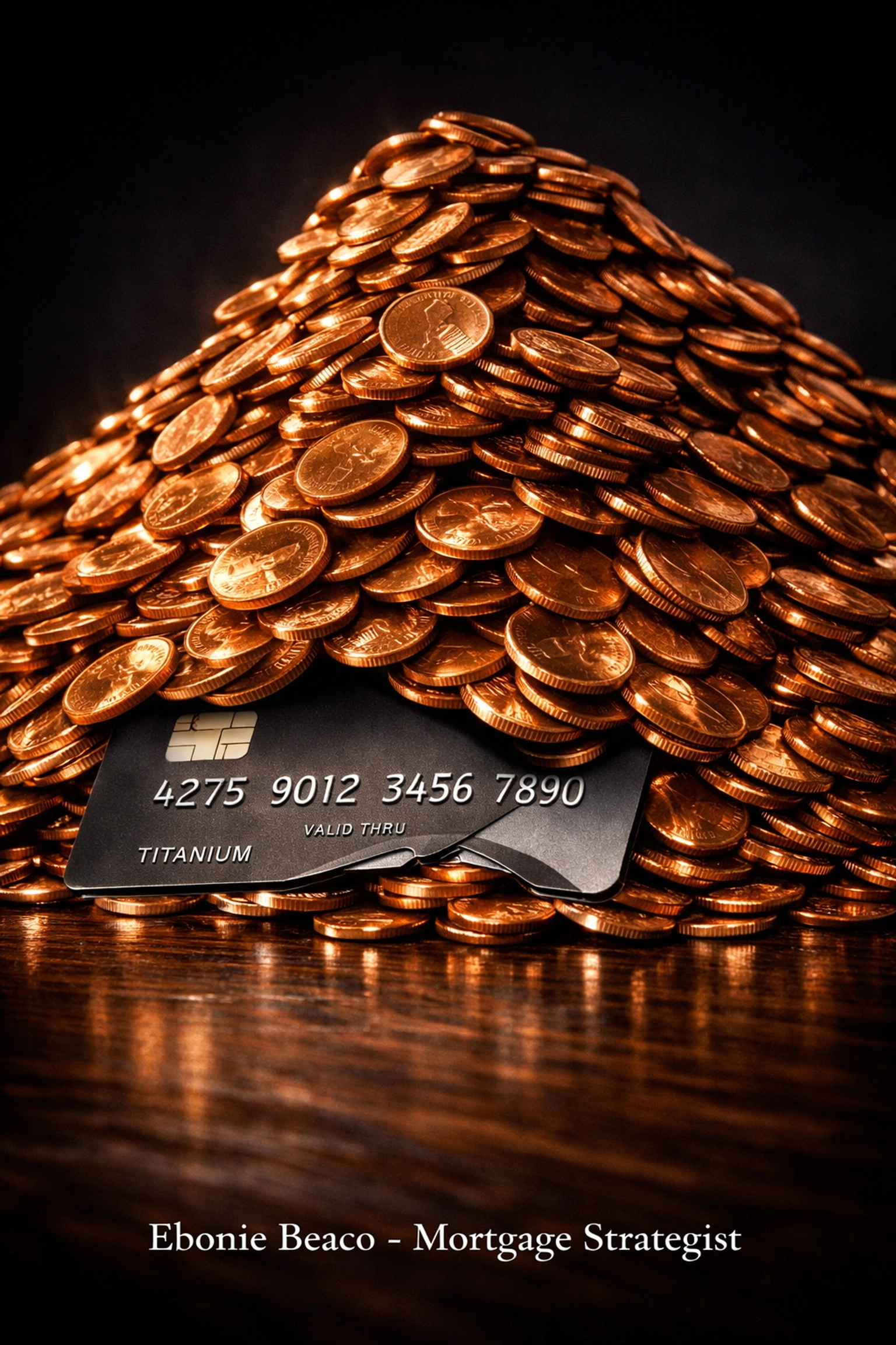 A credit card buried under a mountain of copper coins, illustrating the heavy burden of high-interest debt.