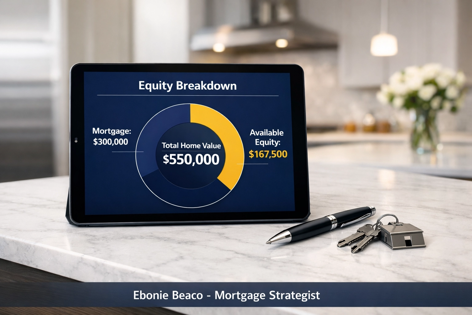 Financial chart on a tablet displaying home equity breakdown and available credit for homeowners.