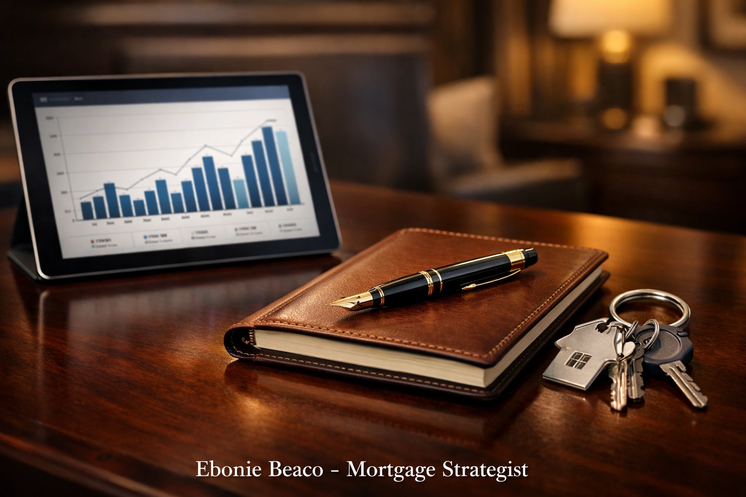 Financial charts and house keys on an executive desk showing mortgage planning for a California jumbo loan.