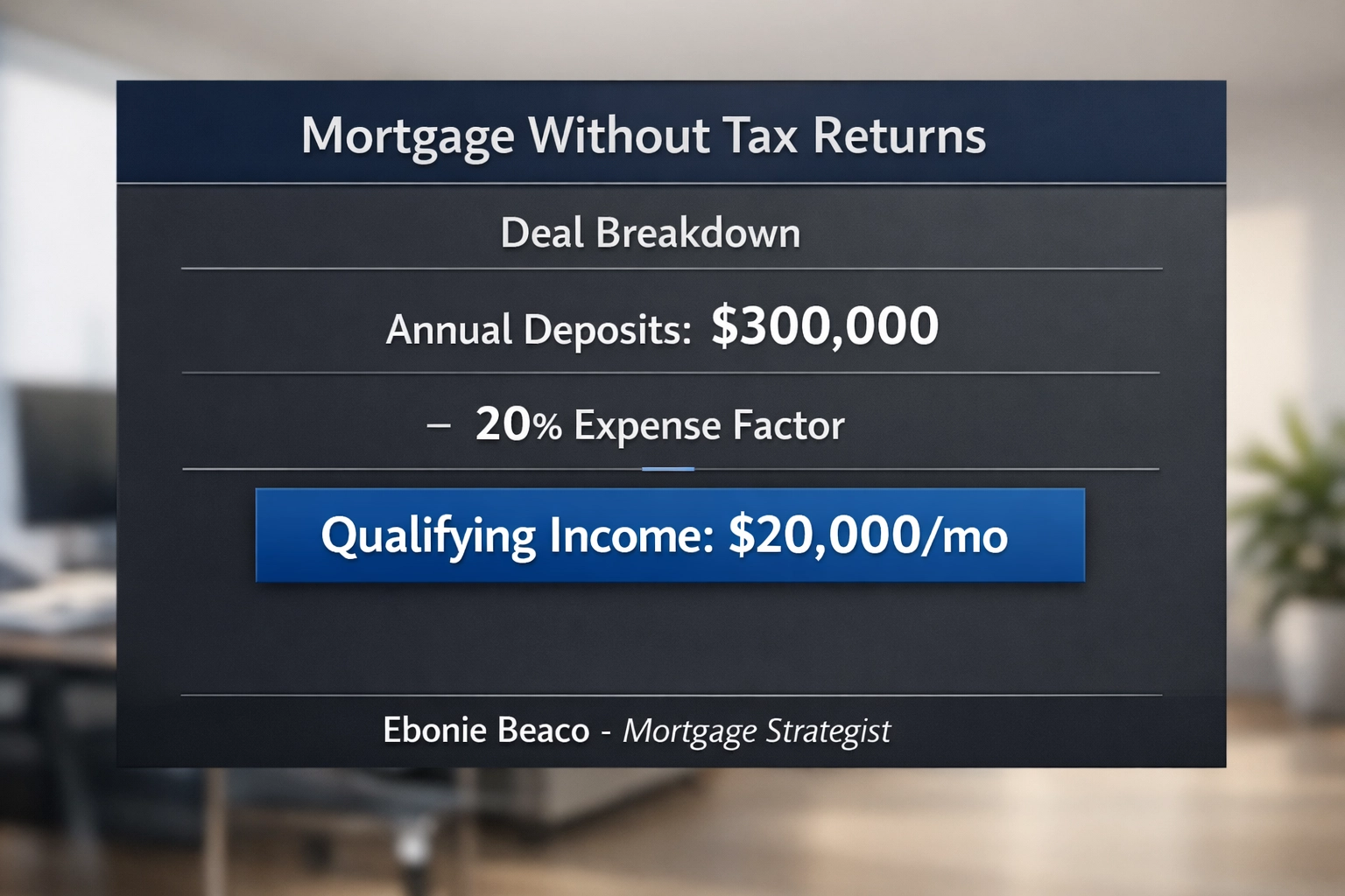 Bank statement mortgage calculation showing $20,000 qualifying monthly income based on business bank deposits.