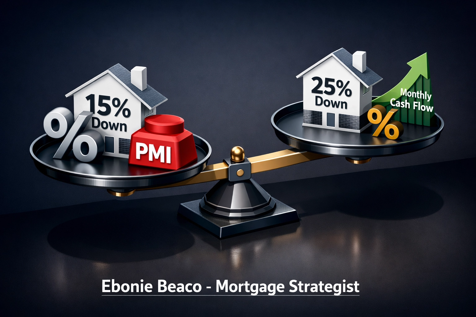 Comparison of 15% and 25% down payments for investment property showing higher cash flow and no PMI.