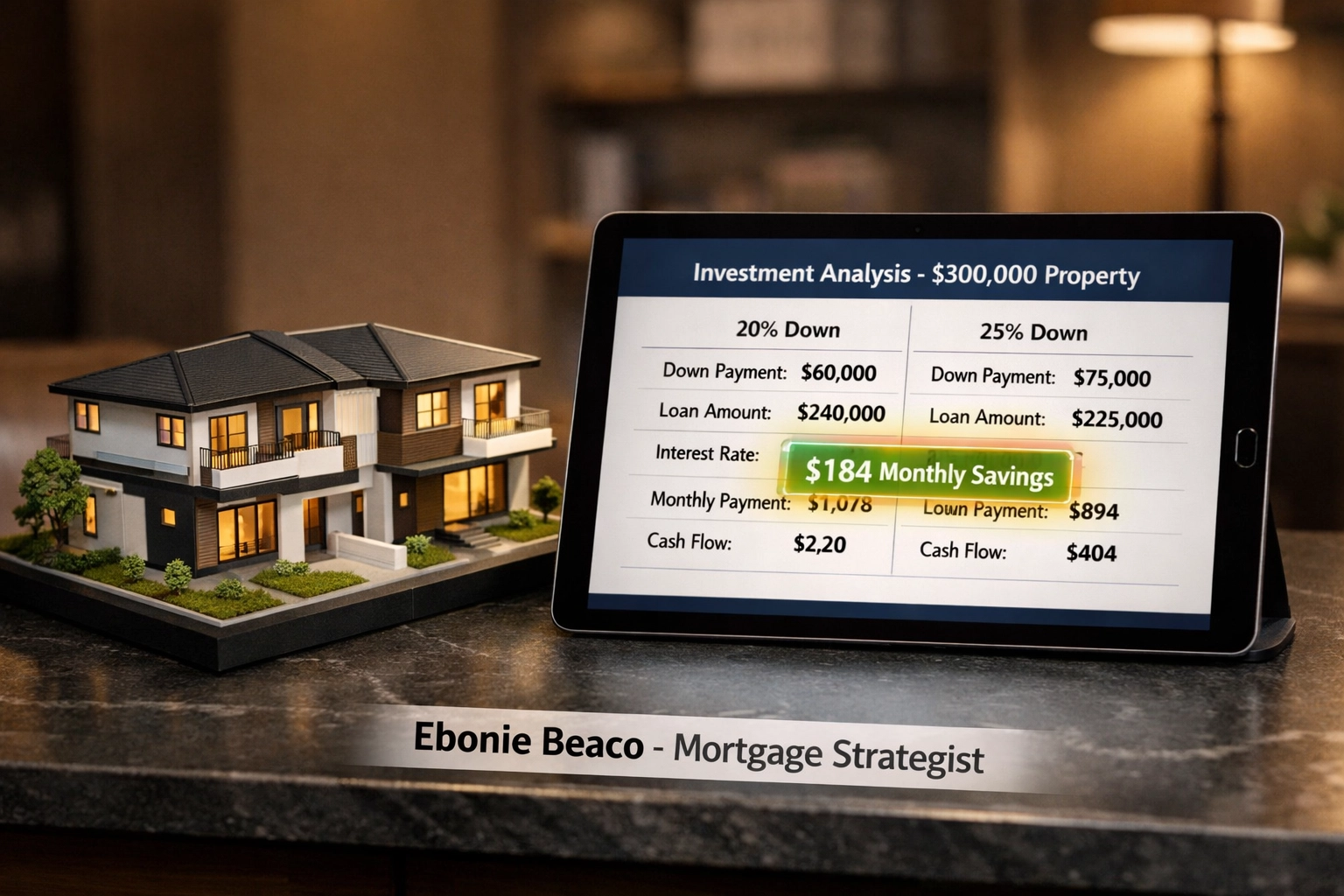 Investment analysis for a $300,000 property comparing 20% and 25% down payments and monthly savings.