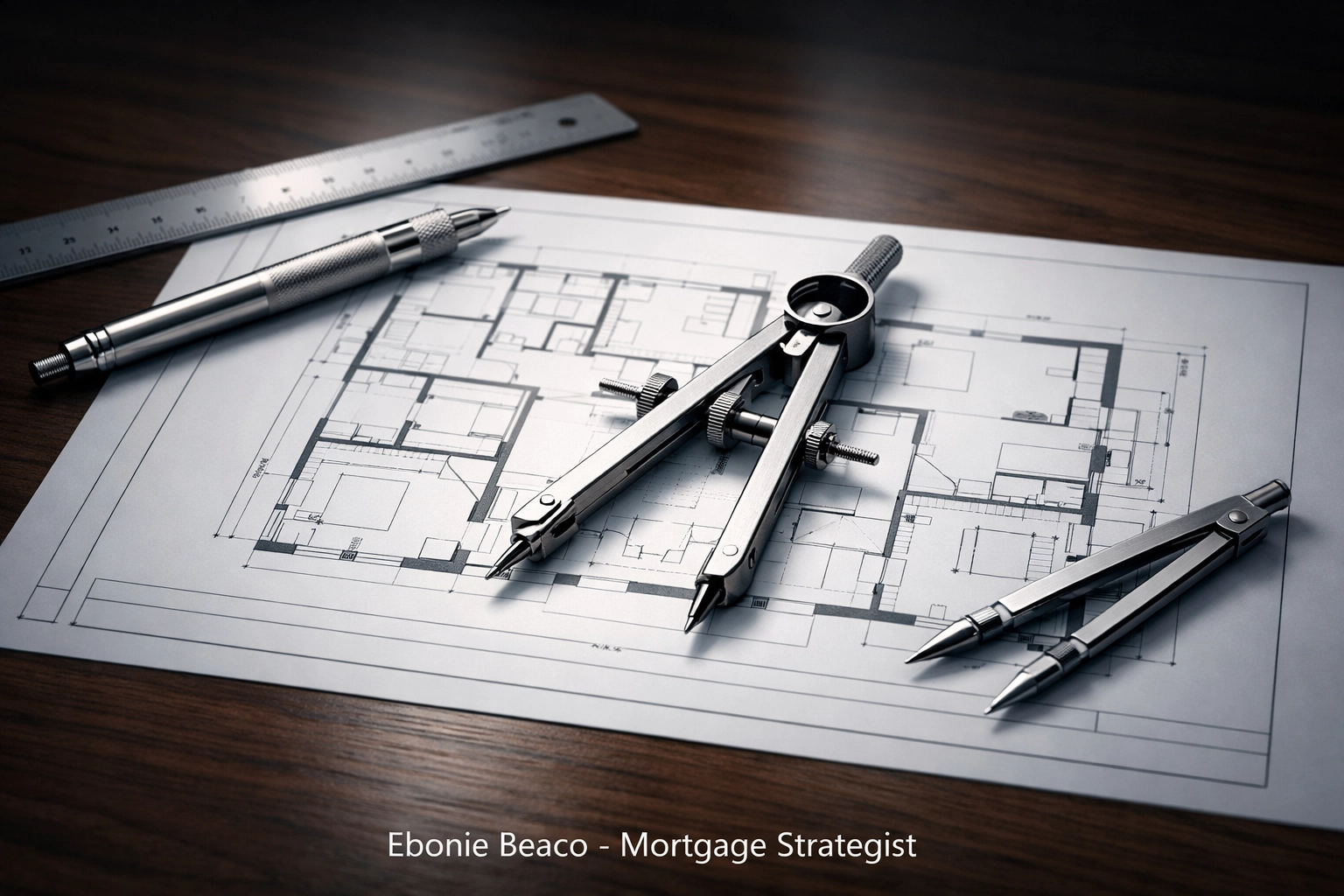 Professional mortgage underwriting workspace with blueprints for investment property loan planning.