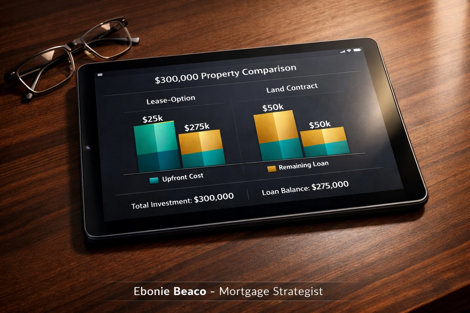 Financial breakdown chart comparing costs and loan balances for lease-option versus land contract financing.
