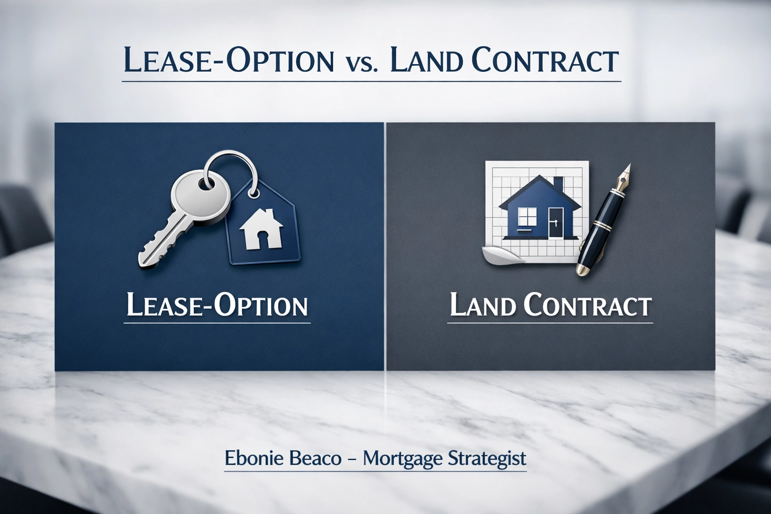 Infographic comparing lease-option and land contract terms for real estate ownership and equity.