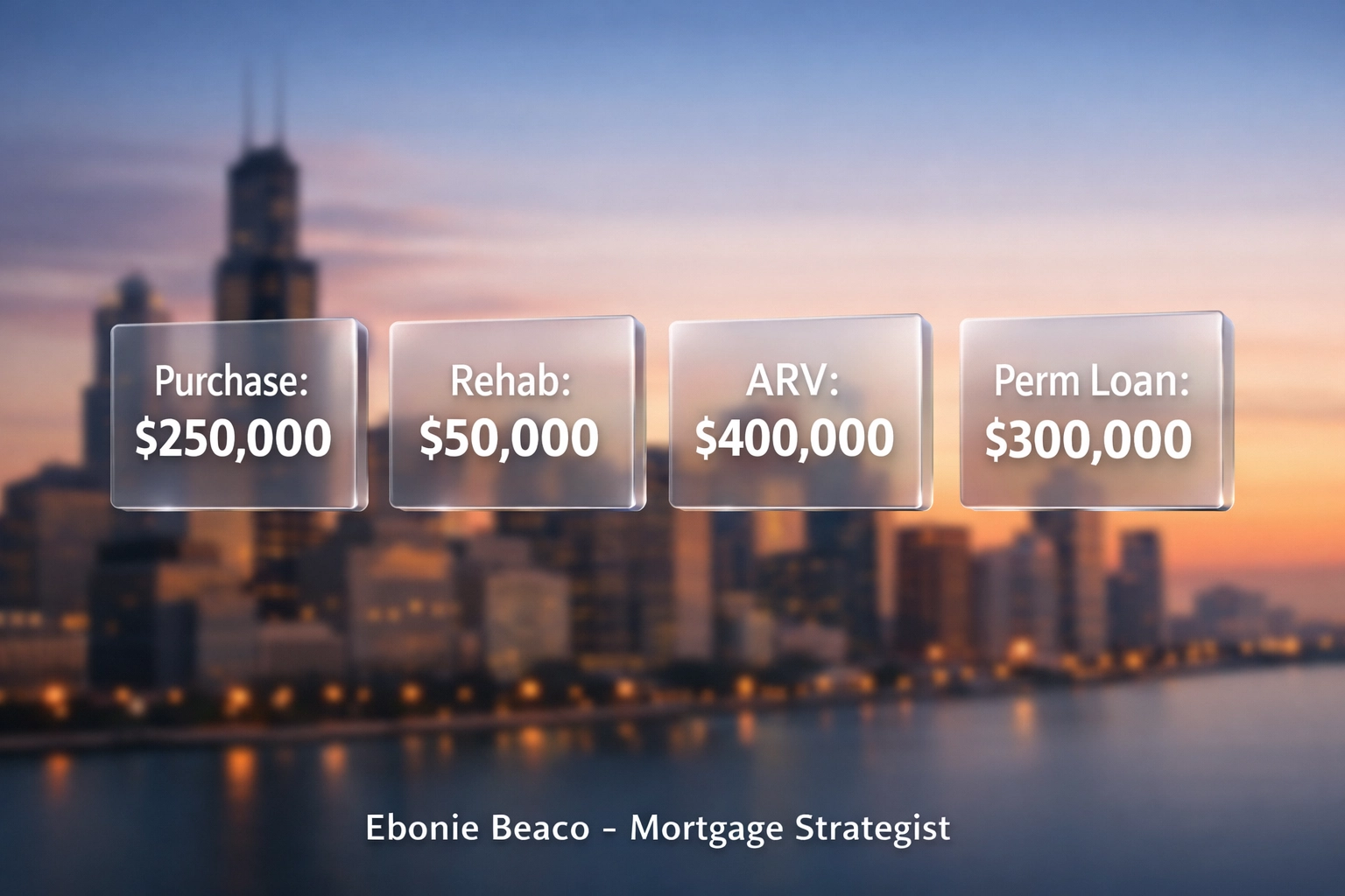 Infographic showing bridge-to-perm loan calculations for a rental property investment in Chicago.