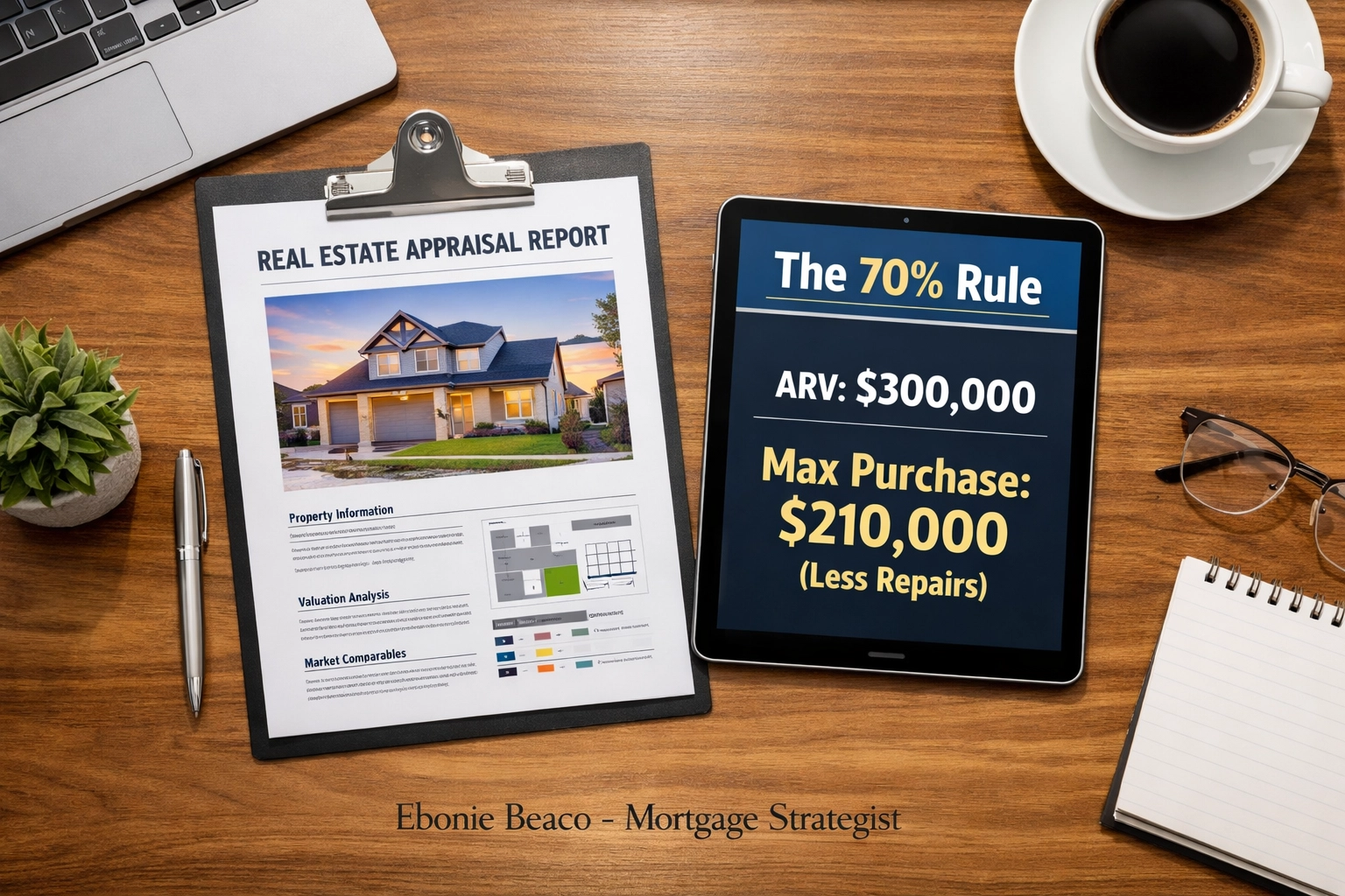 Real estate appraisal report and tablet showing the 70% rule calculation for property acquisition.