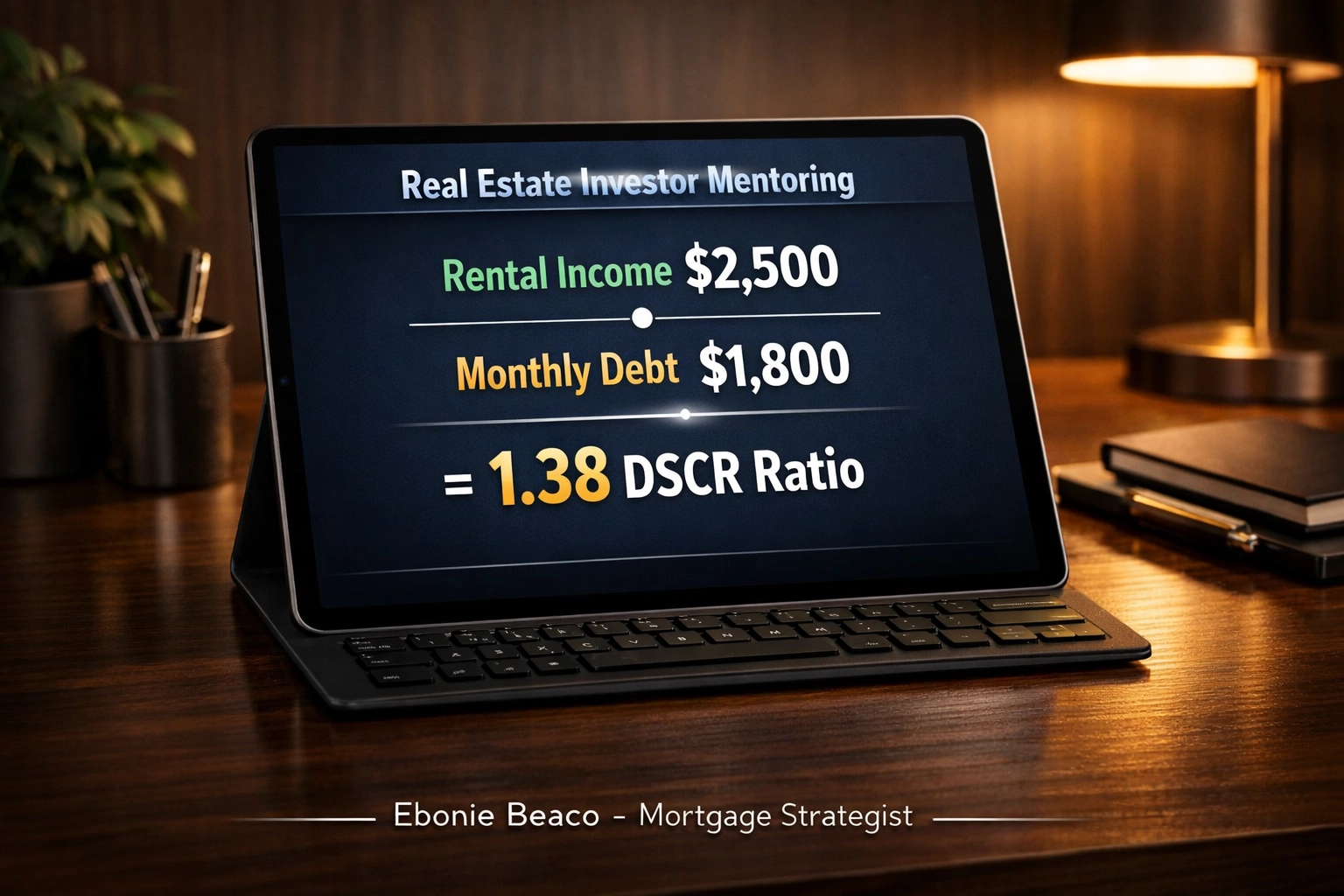 DSCR calculation infographic for real estate investor mentoring showing rental income and debt ratios.