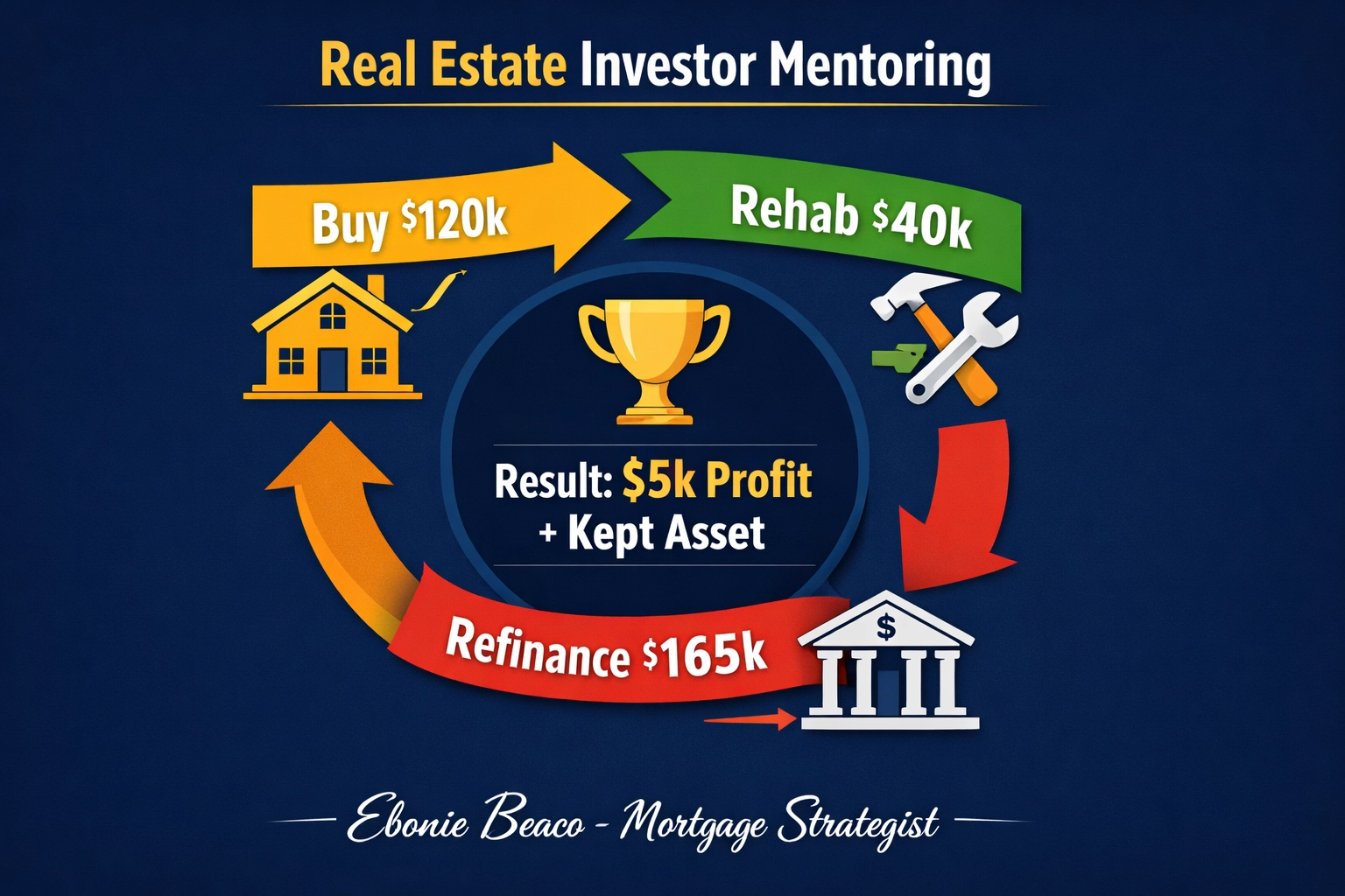 BRRRR method real estate investment strategy infographic showing purchase, rehab, and refinance cycle.