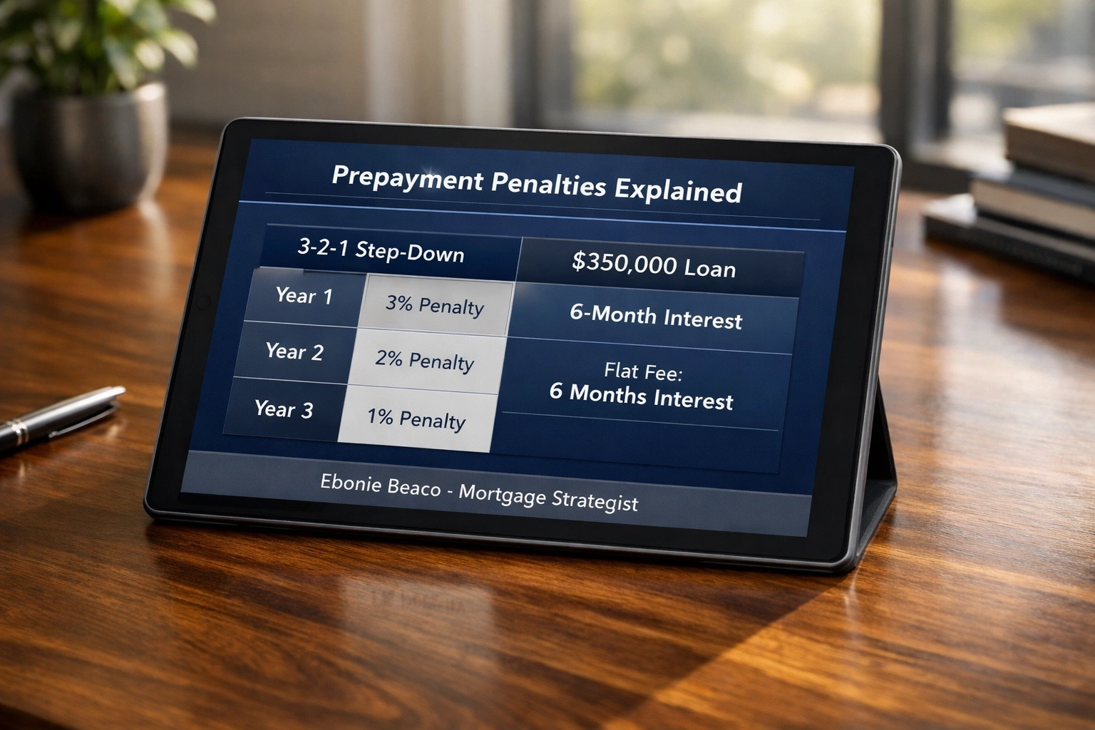 Infographic comparing 3-2-1 step-down and 6-month interest prepayment penalties on a $350,000 investment loan.
