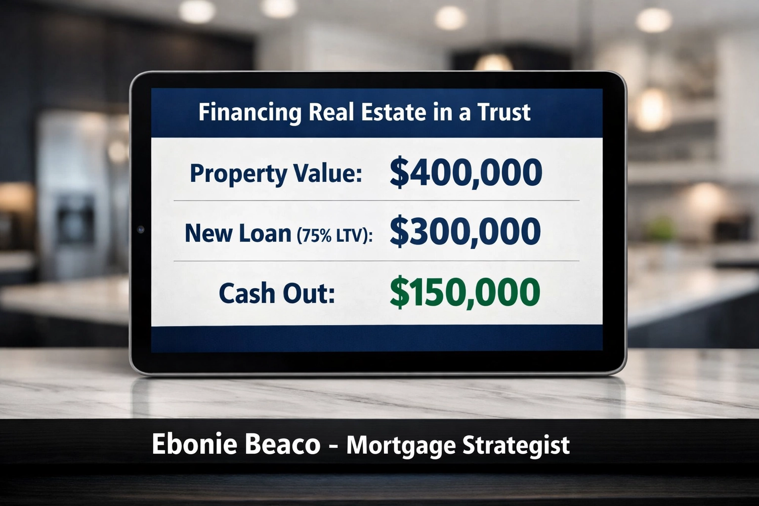 Financial breakdown of a cash-out refinance for a property held in a real estate trust.