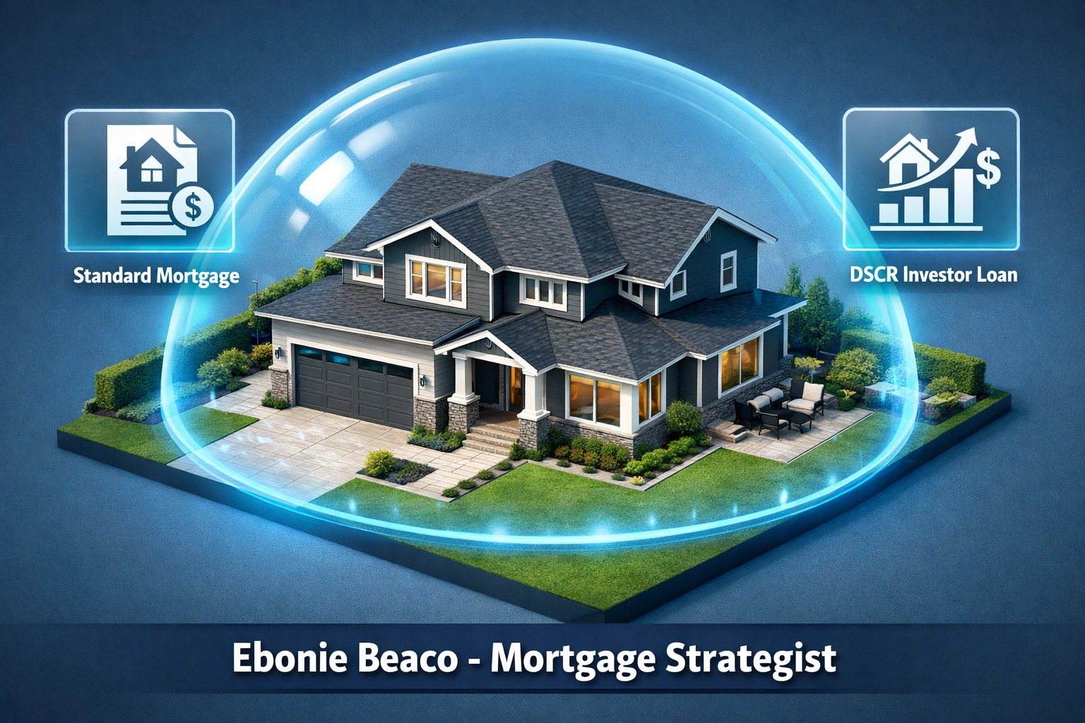 Modern home protected by a trust with icons for DSCR and standard mortgage financing options.