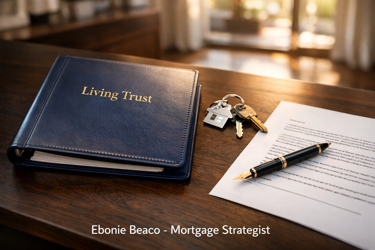 Living Trust documents and house keys on a desk representing the transfer of real estate title.