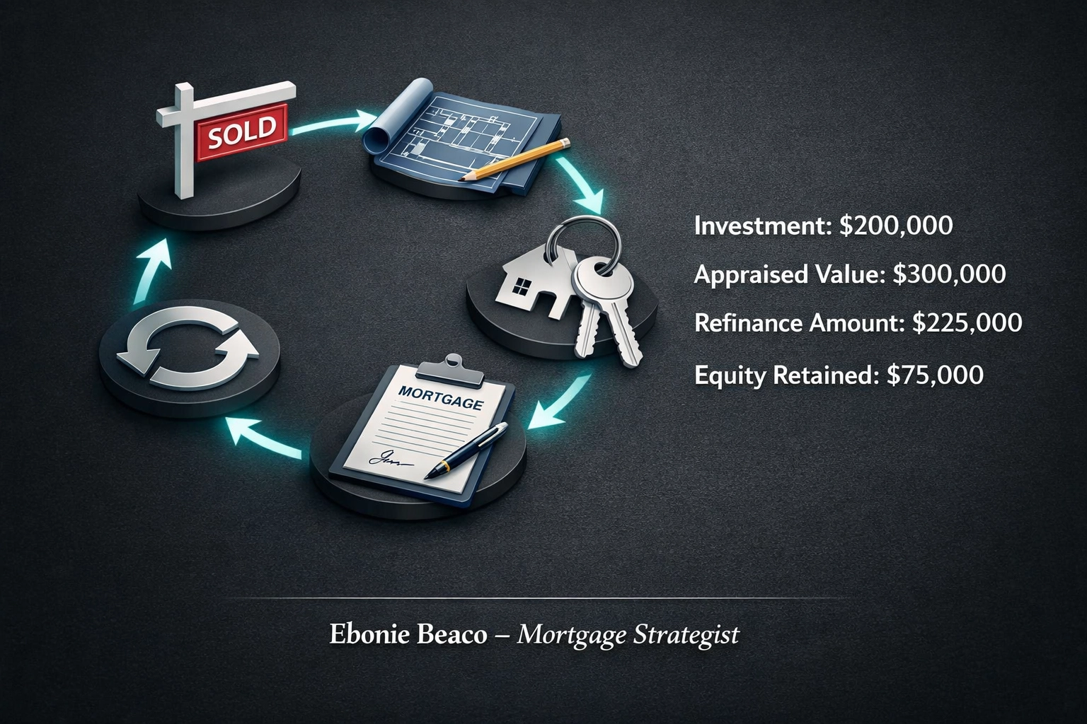BRRRR method infographic showing the cycle of buying, rehabbing, and refinancing investment properties.