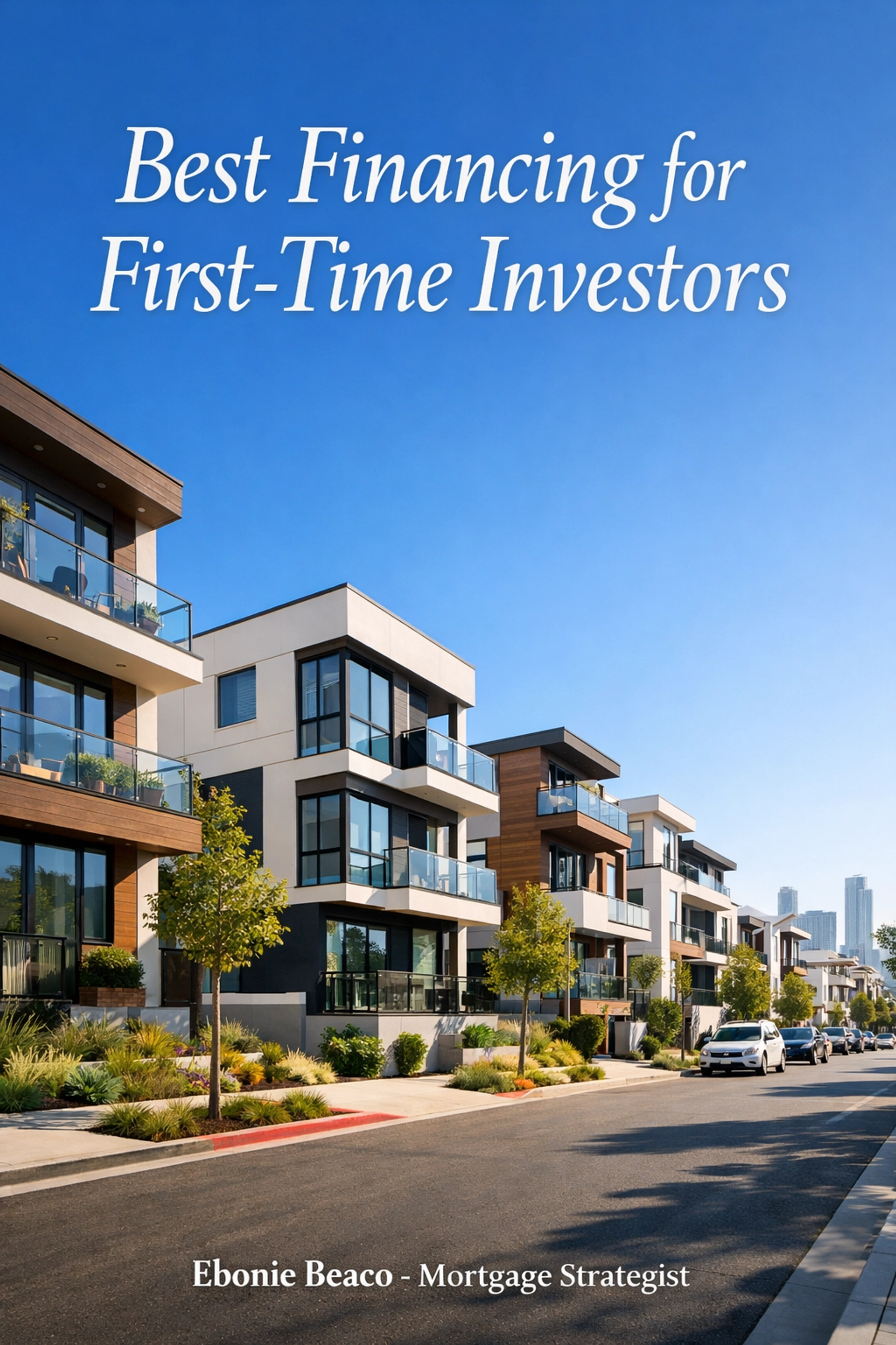 Modern residential street with duplexes highlighting financing options for first-time real estate investors.