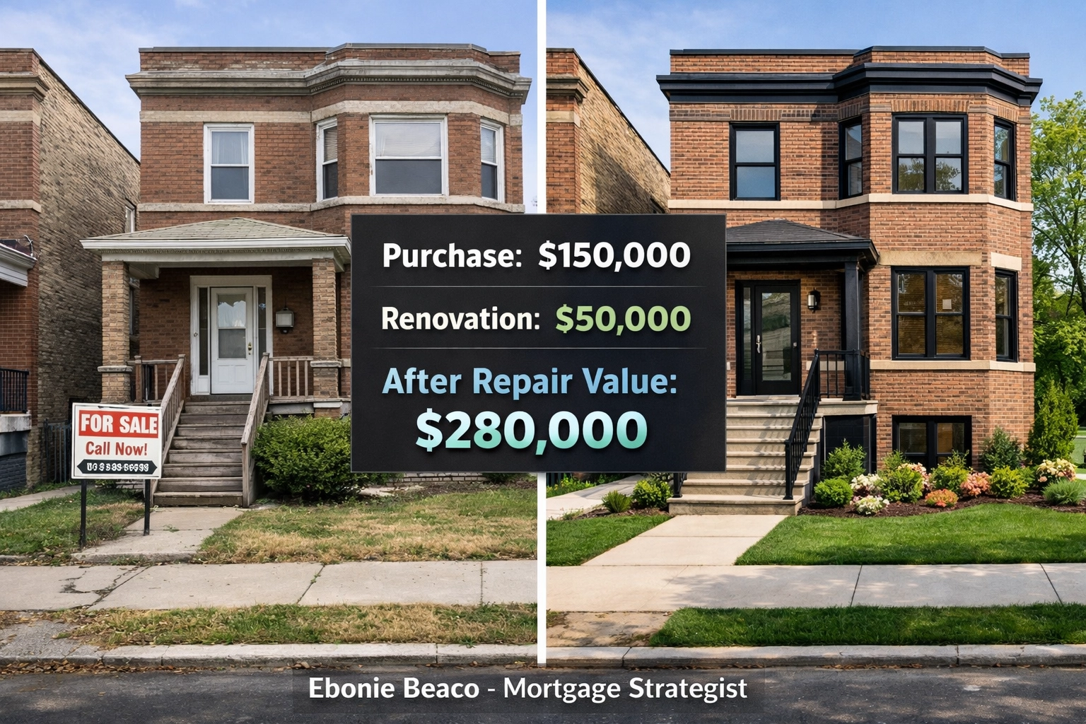 Before and after renovation of a Chicago property with fix and flip financing cost and profit projections.
