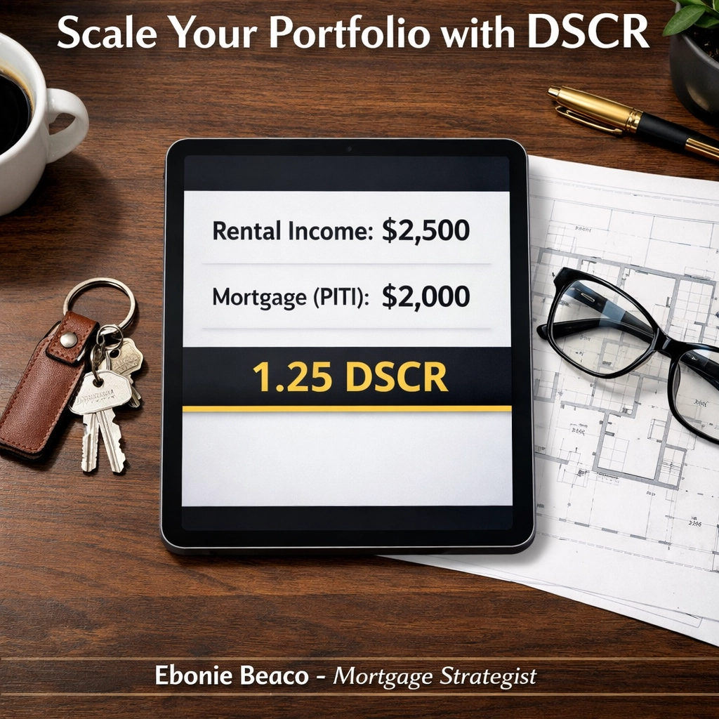 DSCR calculation on a digital tablet showing rental income covering mortgage costs for an investor.
