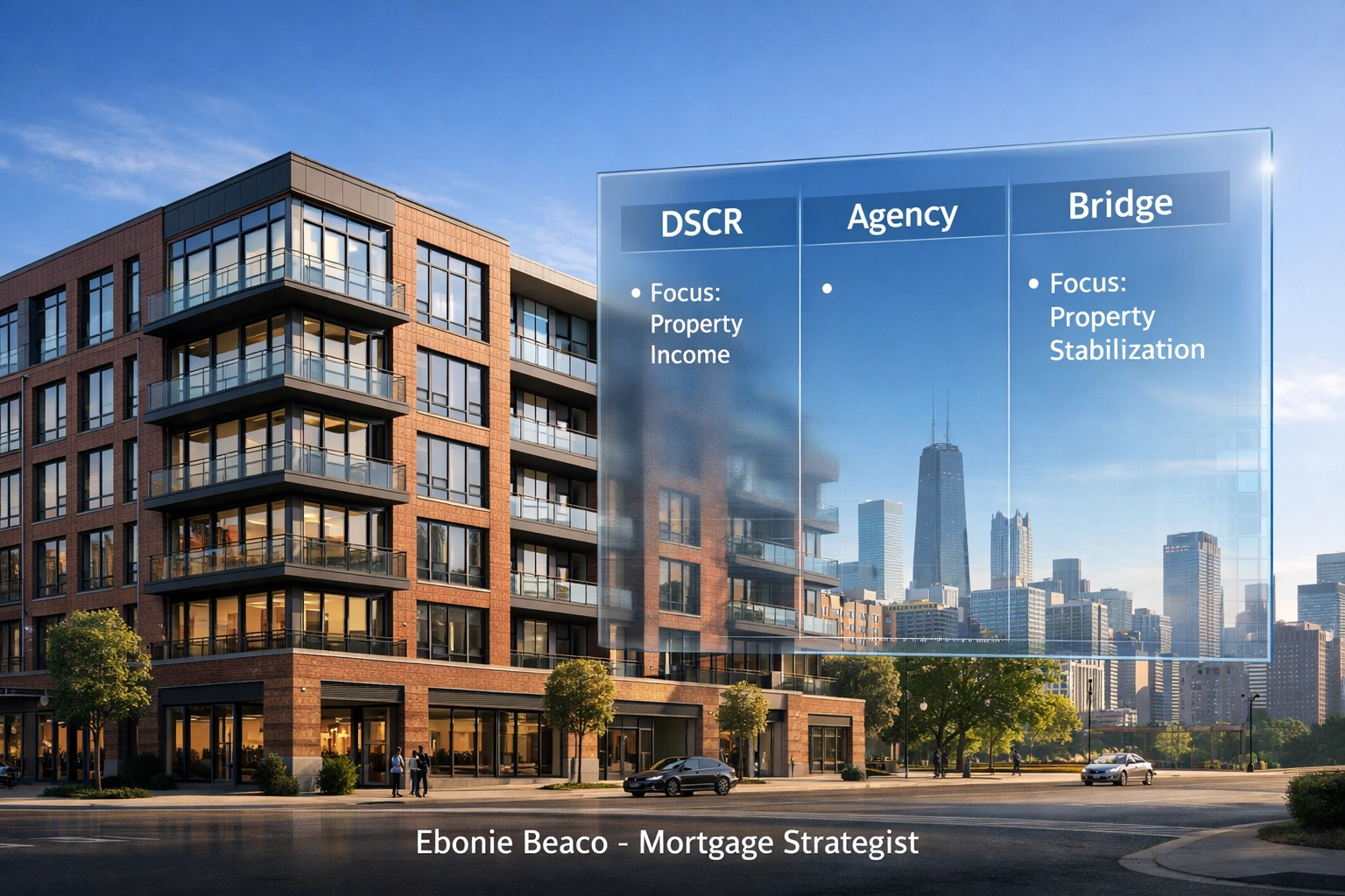 Commercial multi-family financing chart comparing DSCR, Agency, and Bridge loan options for apartment buildings.