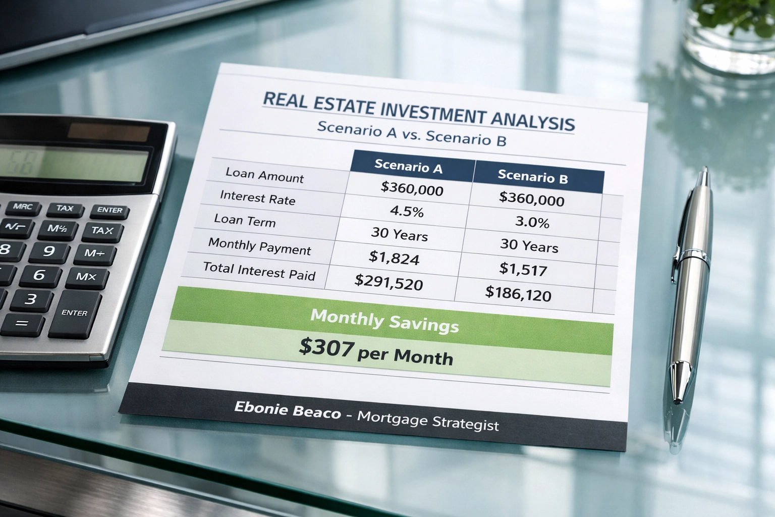 Mortgage calculation table showing the monthly interest savings of an ARM vs. a fixed-rate investment loan.
