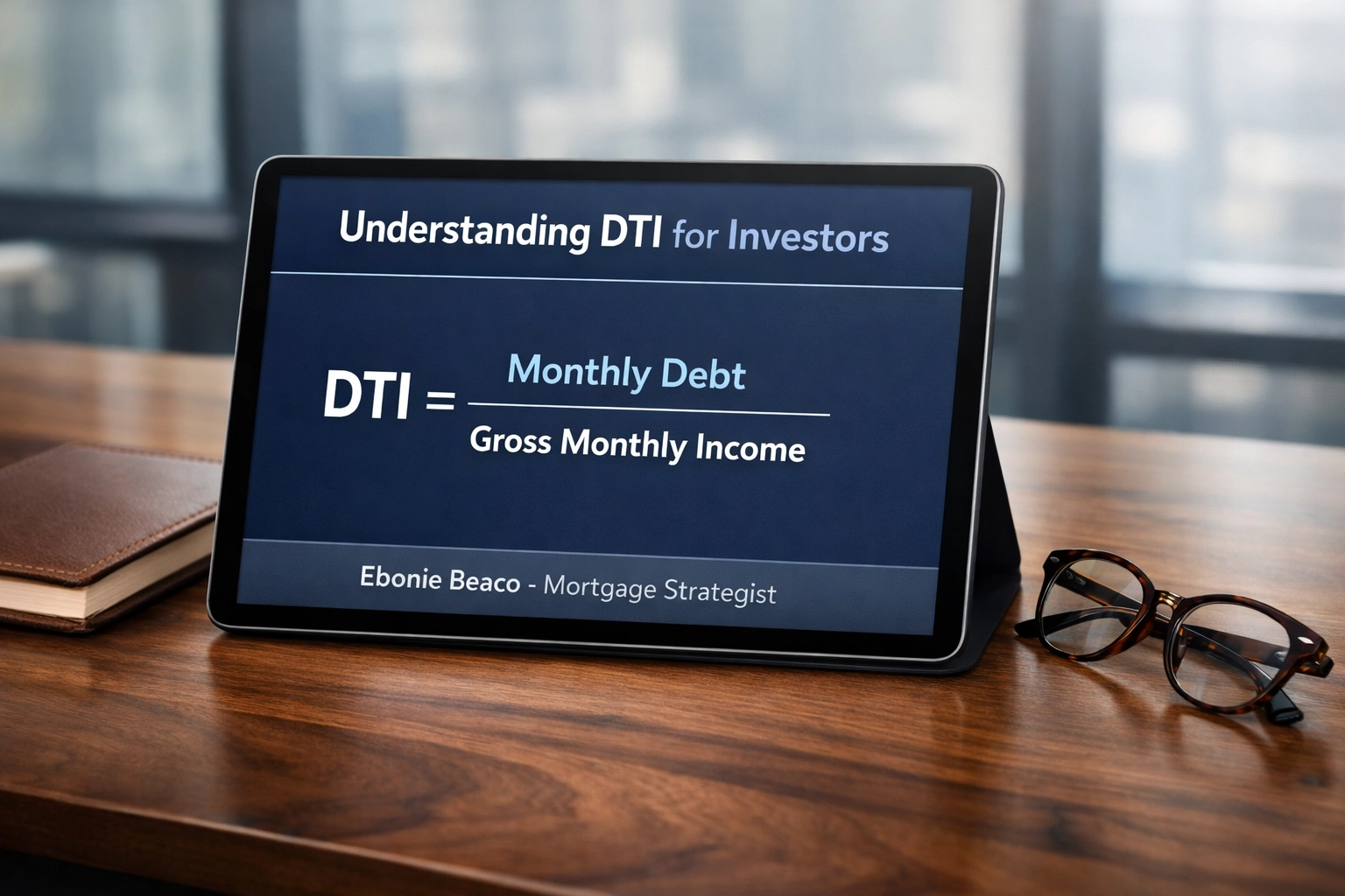 Professional workspace showing the DTI calculation formula for real estate investors on a digital tablet.