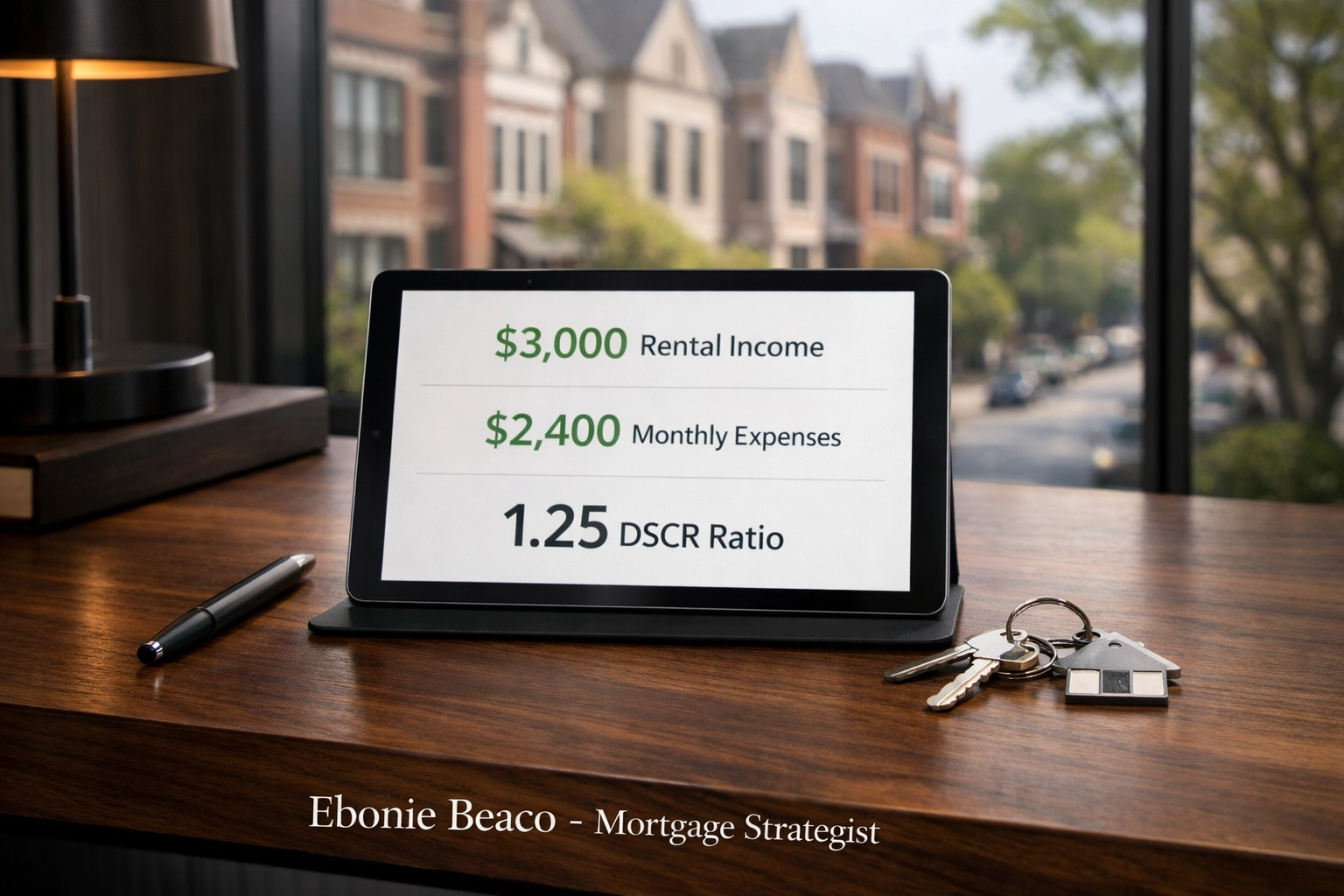 DSCR loan calculation showing a 1.25 ratio for a rental property investment on a digital tablet.
