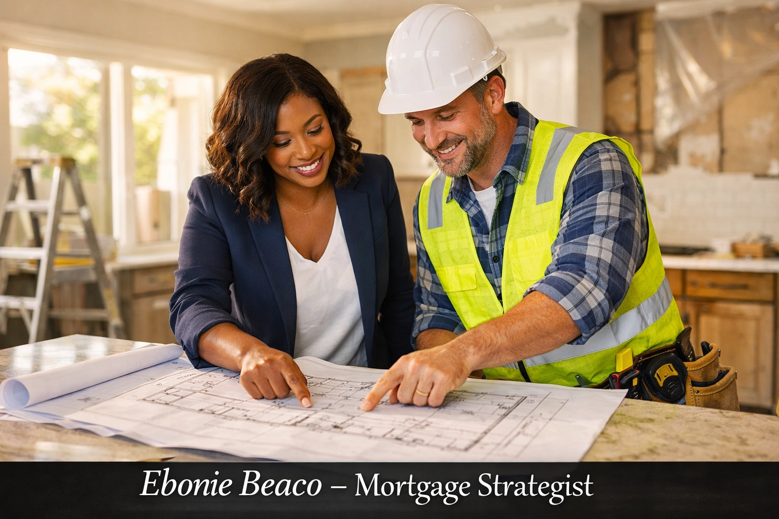 Real estate investment partners reviewing blueprints inside a property currently under renovation.