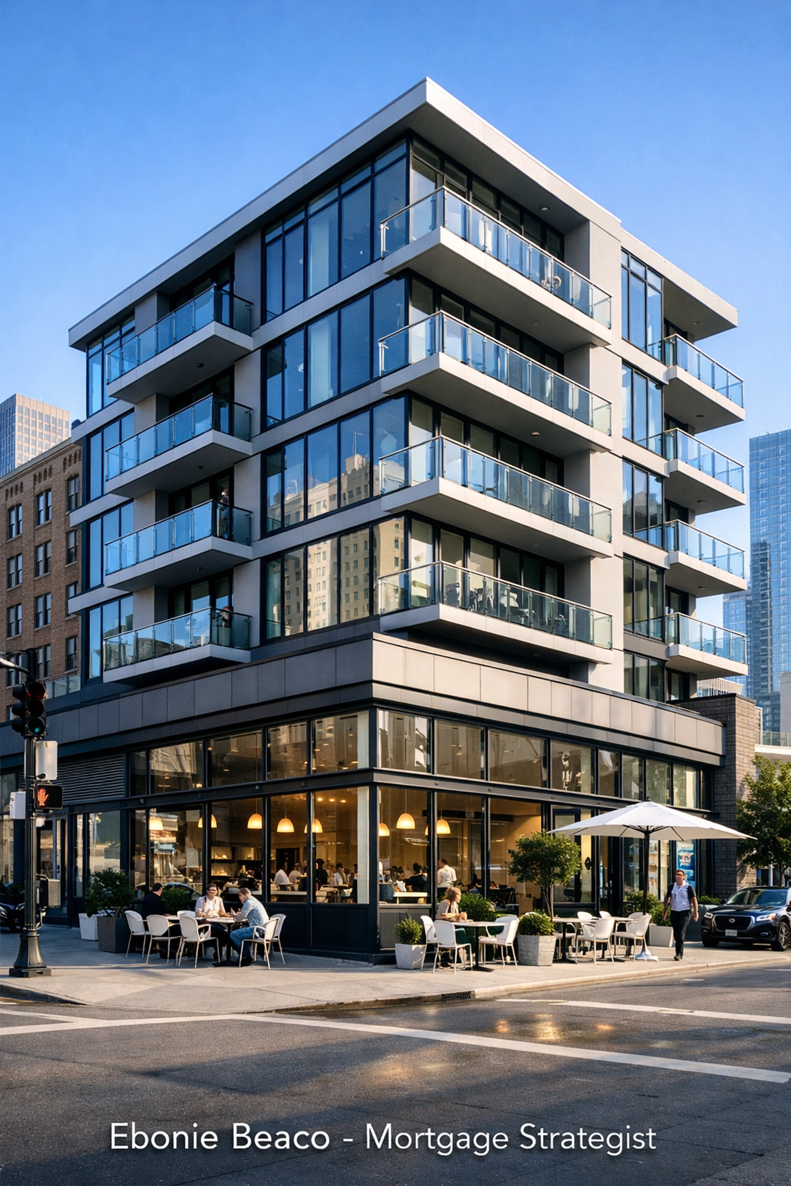 Modern mixed-use property with ground-floor commercial space and residential apartments above.