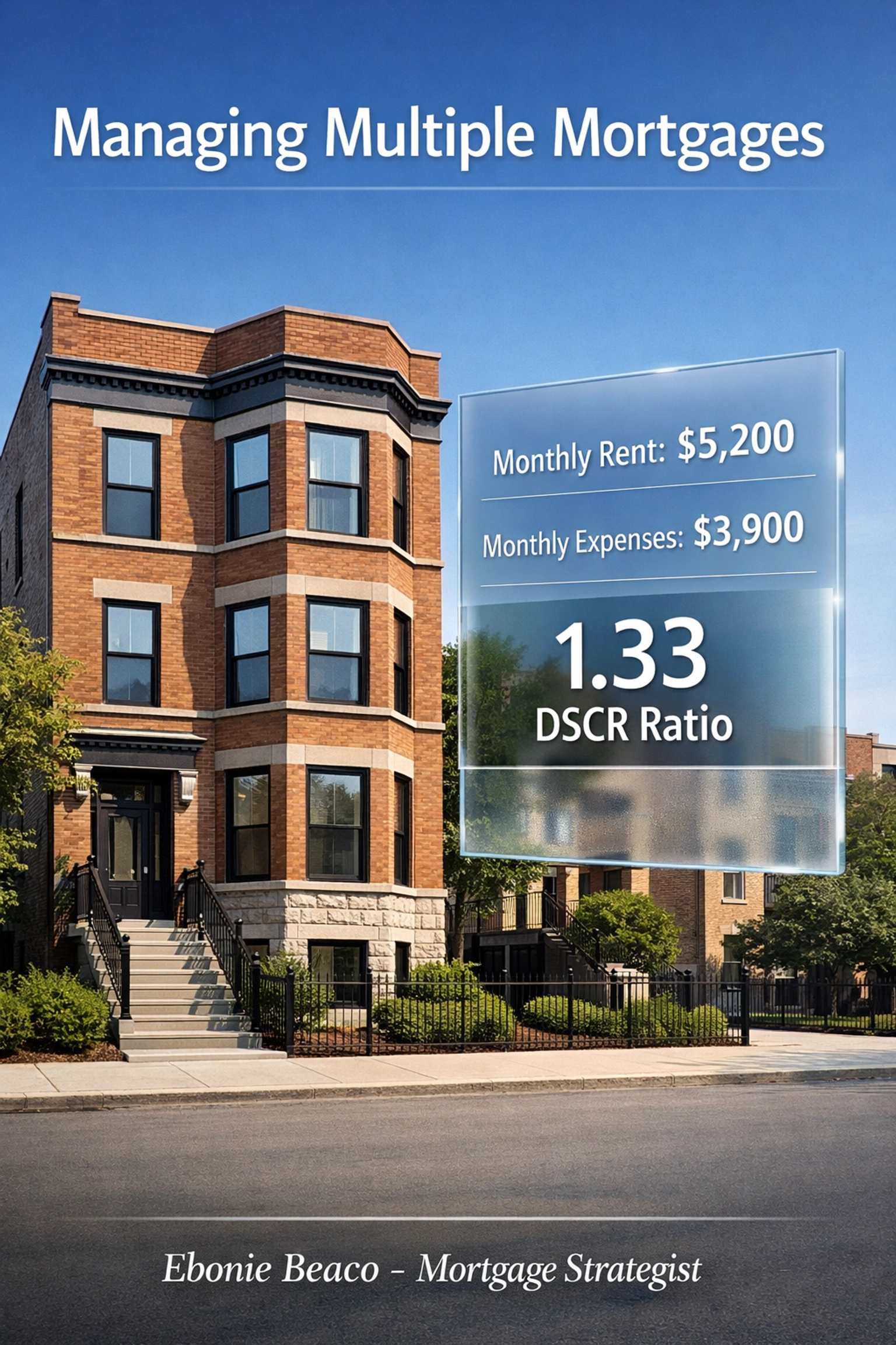 Infographic showing a 1.33 DSCR ratio calculation for a 4-unit rental property mortgage in Chicago.