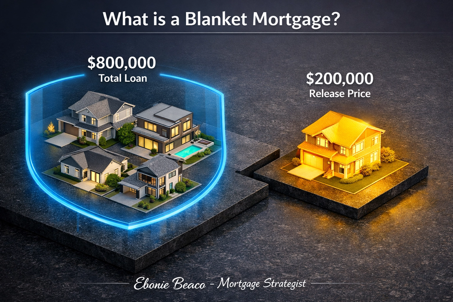 Blanket mortgage release clause diagram showing a $200,000 release from an $800,000 multi-property loan.