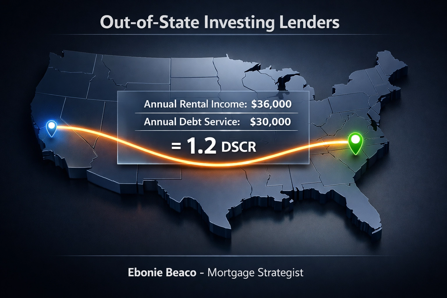 US map showing a cross-country investment link with a 1.2 DSCR calculation for rental property.