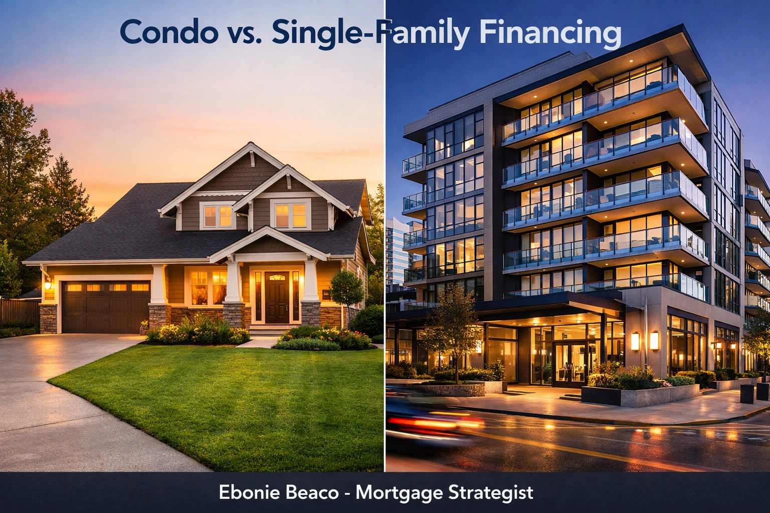 Side-by-side view of a single-family house and a modern condo for mortgage property comparison.