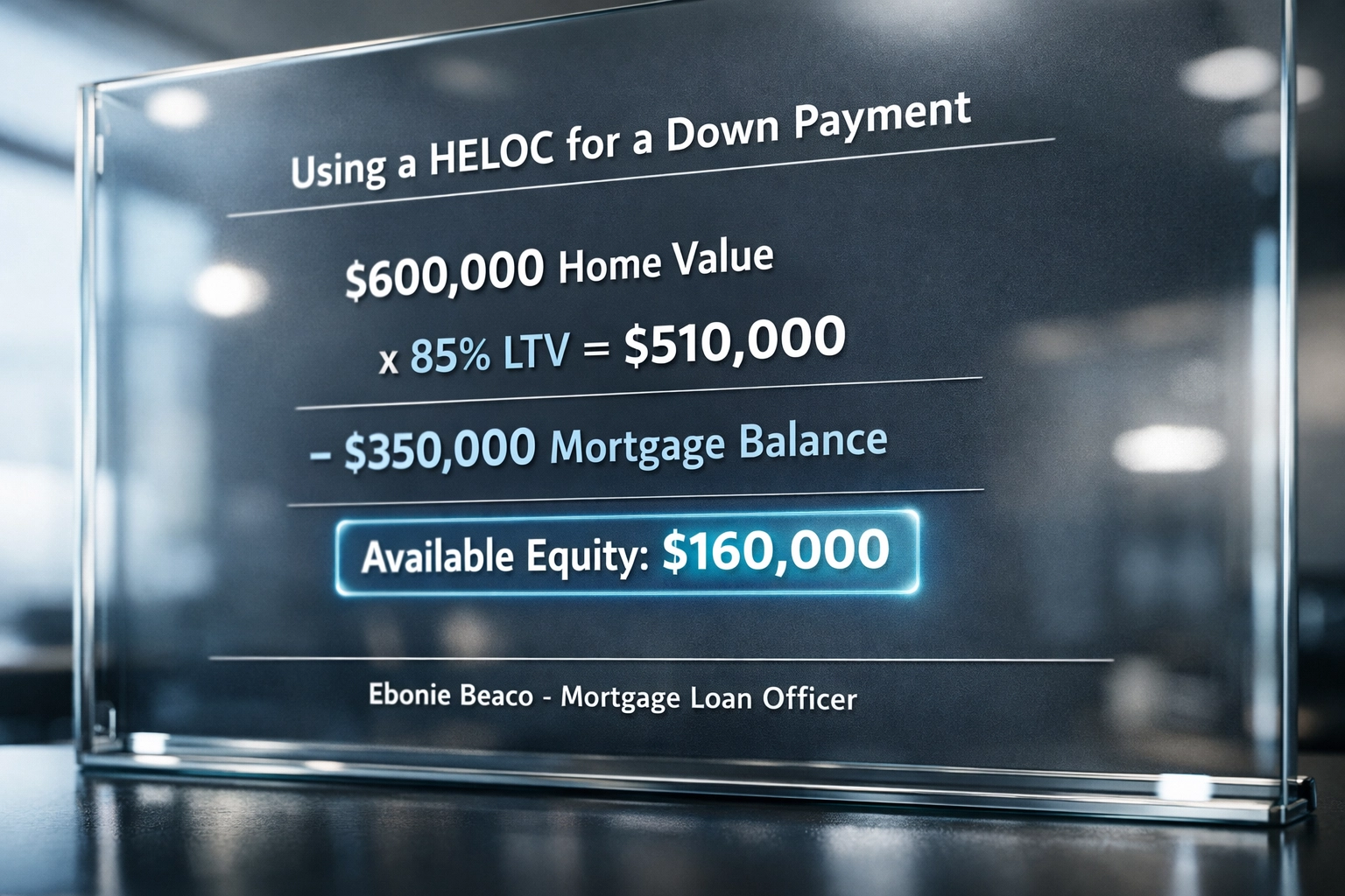 Financial chart showing a HELOC calculation for available equity based on home value and mortgage balance.