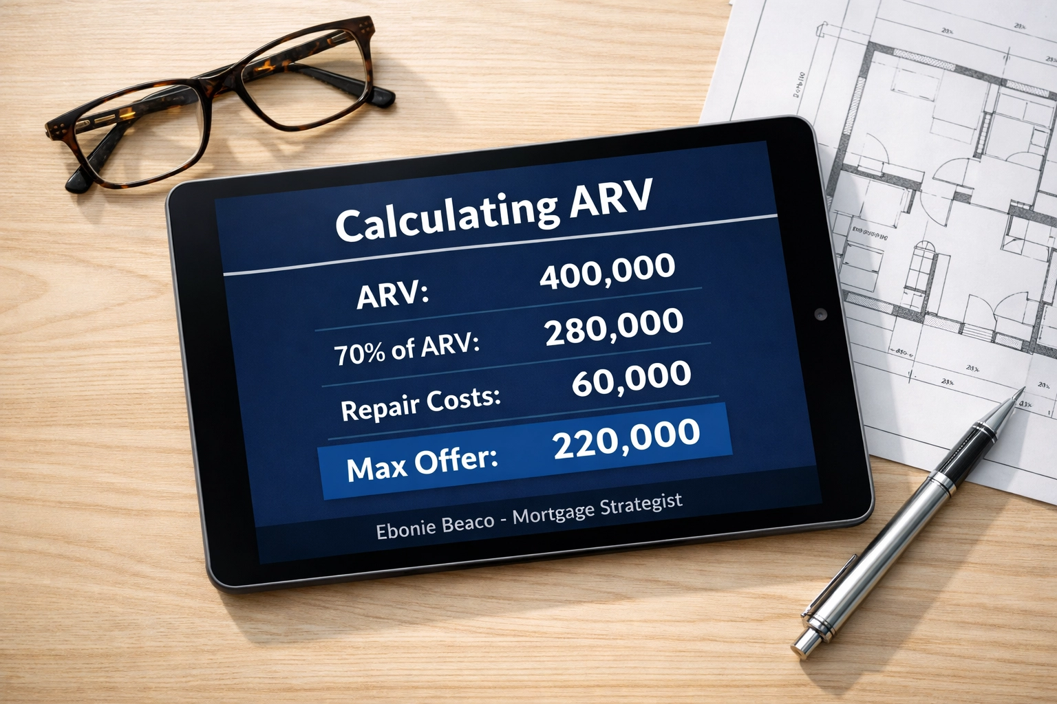 70% Rule calculation breakdown showing ARV and repair costs for real estate investing.