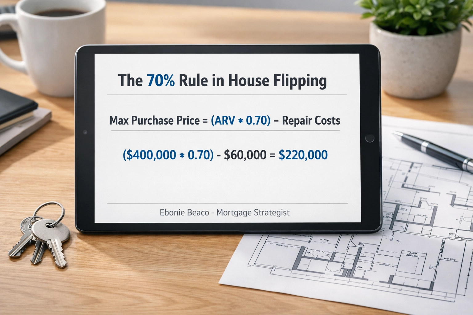 House flipping 70% rule formula and calculation example showing ARV and repair costs on a digital tablet.