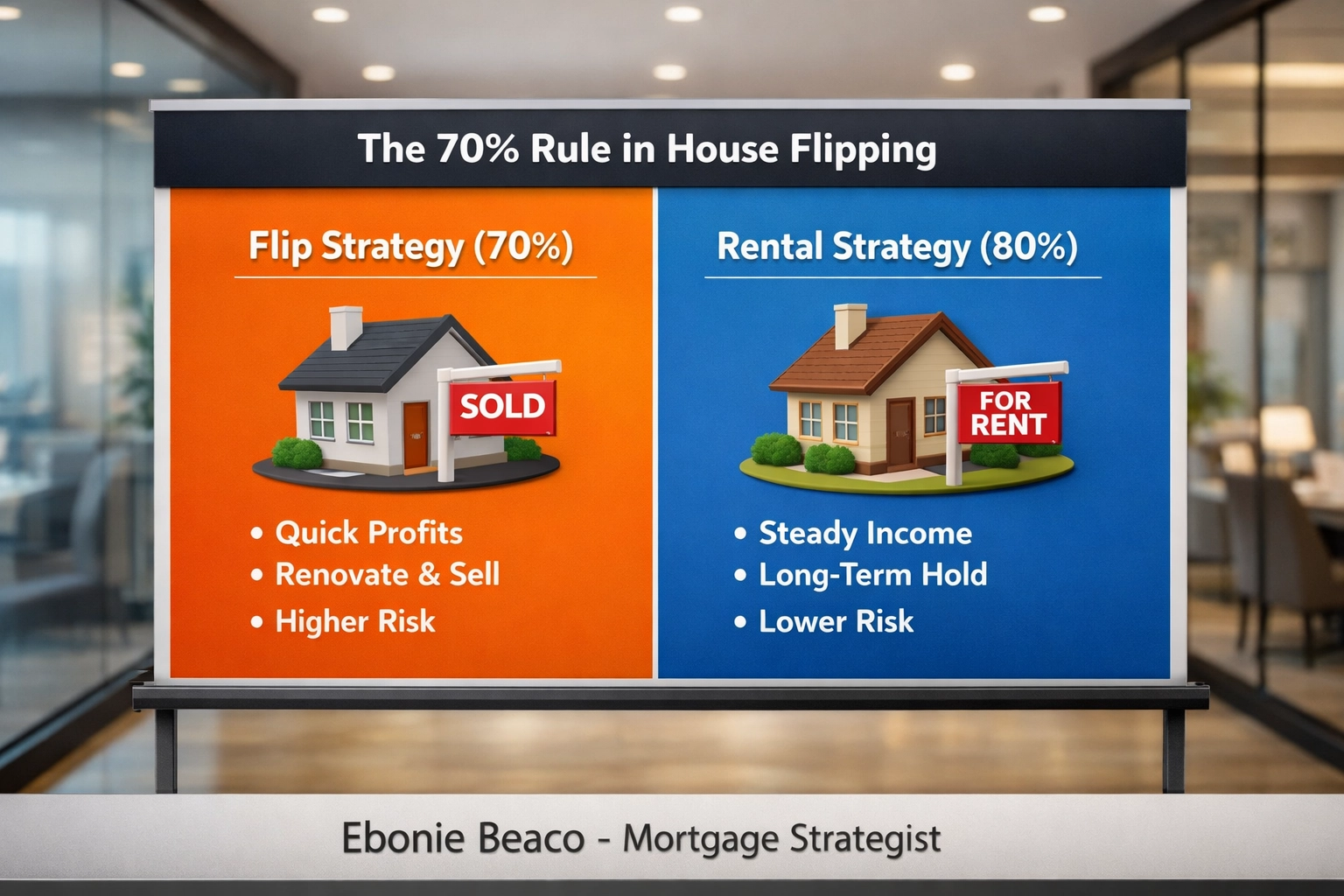 Real estate investment chart comparing the 70% rule for house flipping with an 80% rule for rental properties.