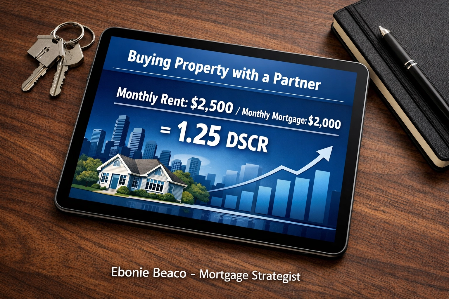 Tablet showing rental income DSCR calculation of 1.25 for real estate investor loan qualification.