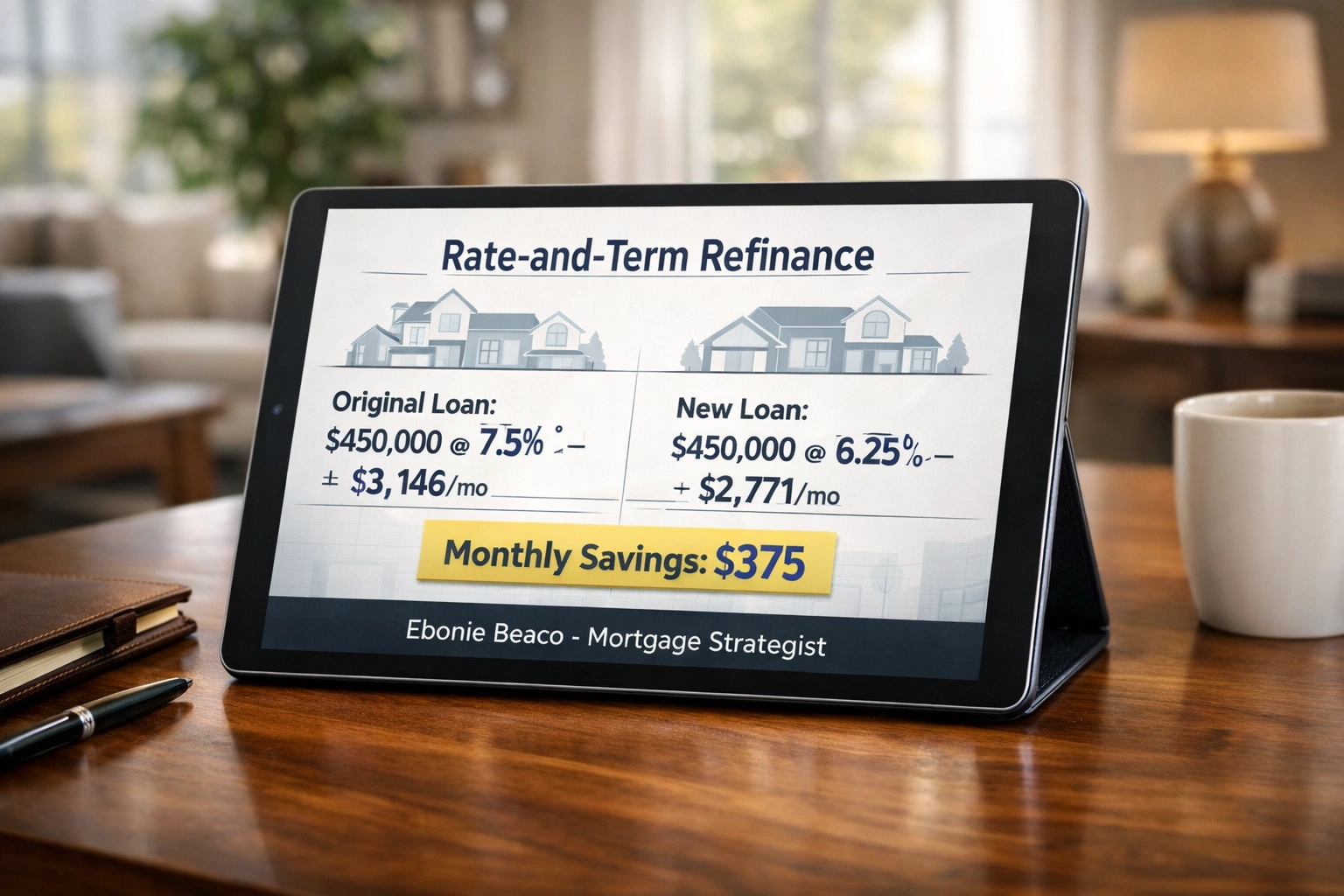 Tablet displaying a rate-and-term refinance calculation comparing old and new lower mortgage payments.