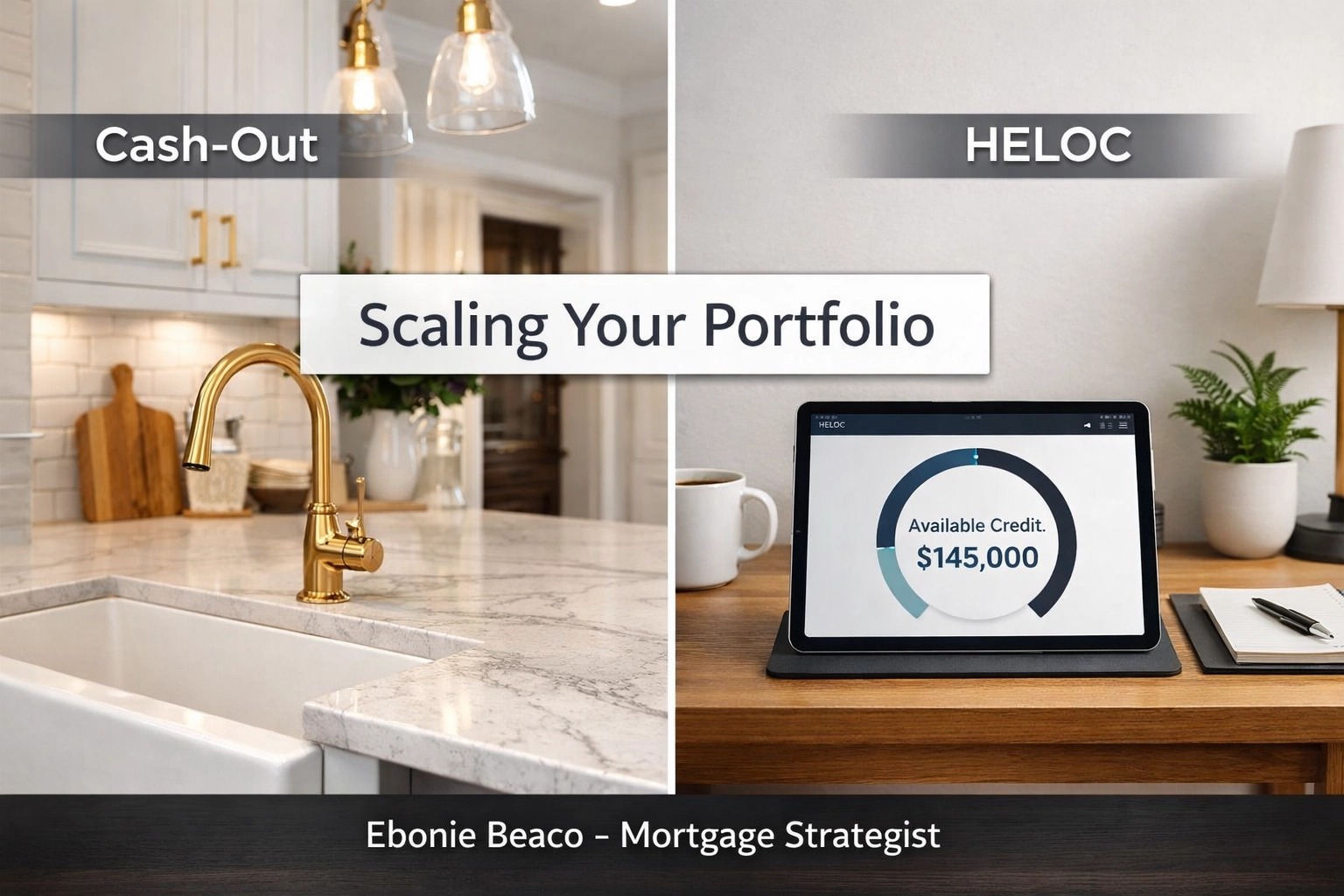 Graphic comparing cash-out refinance equity for renovations and HELOC credit for new acquisitions.