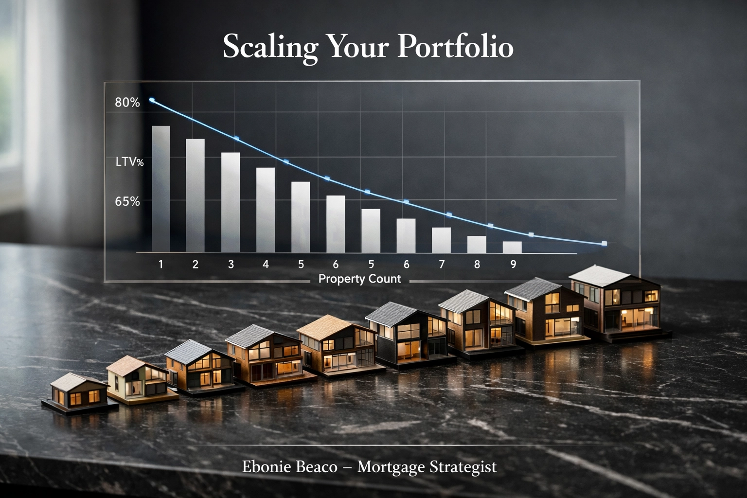 Chart showing real estate portfolio growth and decreasing LTV across 10 investment properties.