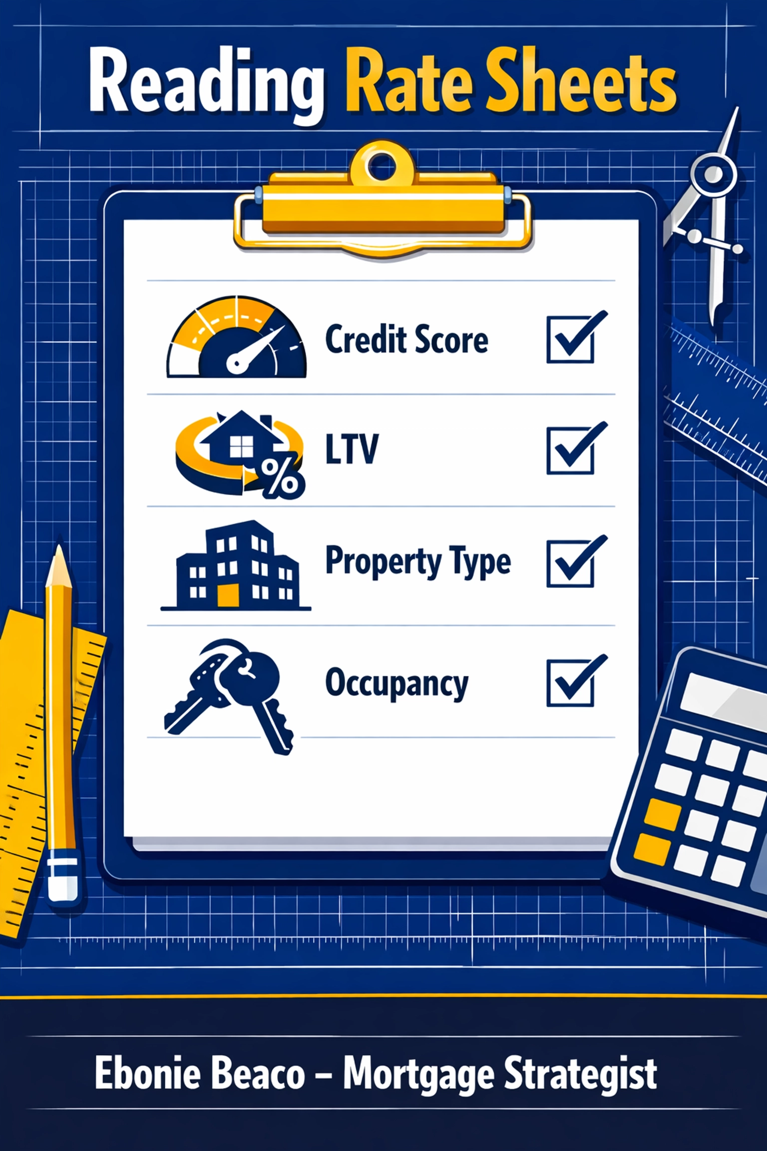 Checklist of mortgage rate factors including credit score, LTV ratio, and property type for investors.