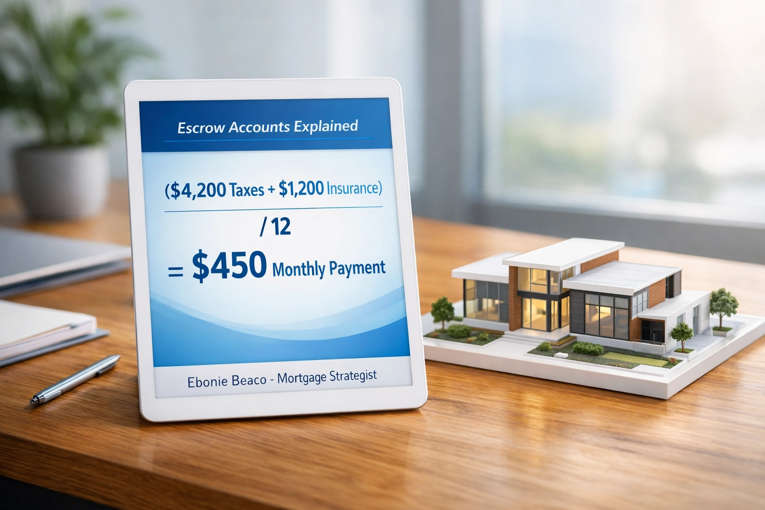 Escrow calculation infographic showing how property taxes and insurance are divided into monthly mortgage payments.