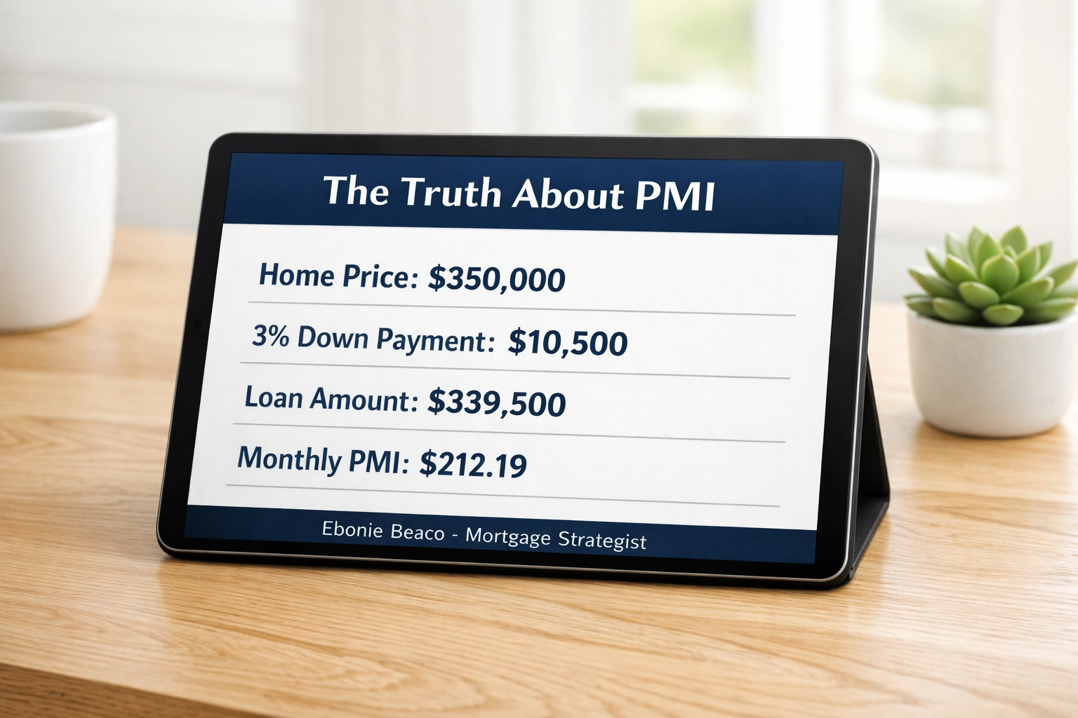 PMI cost calculation showing $212.19 monthly insurance on a $350,000 home with 3% down payment.