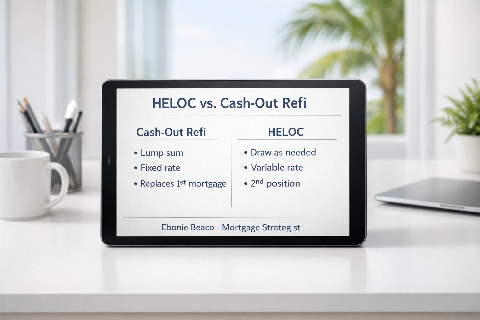 Table comparing HELOC and cash out refinance terms for scaling Florida real estate portfolios.