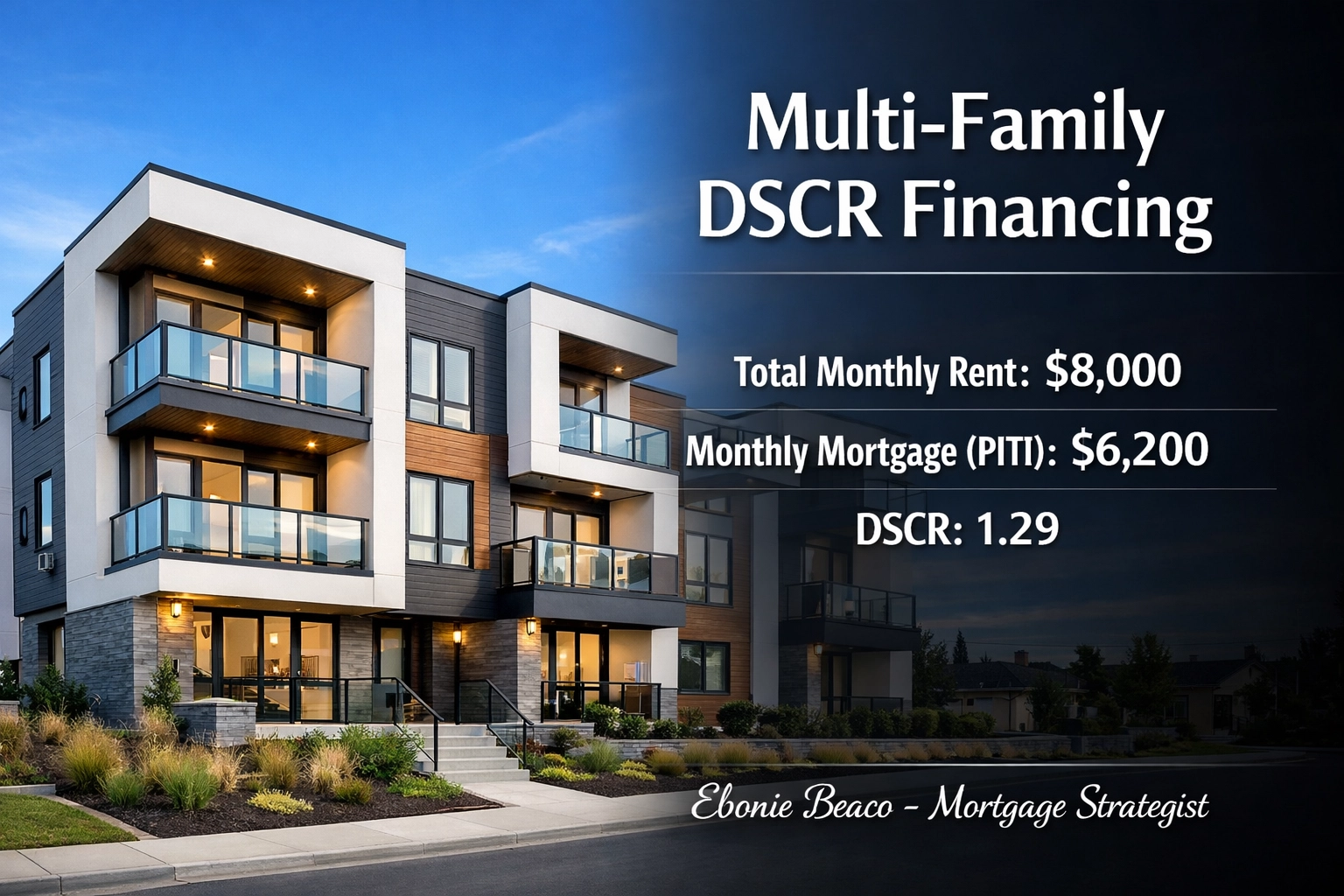 Modern quadplex illustrating a multi-family DSCR calculation of 1.29 based on monthly rental income.