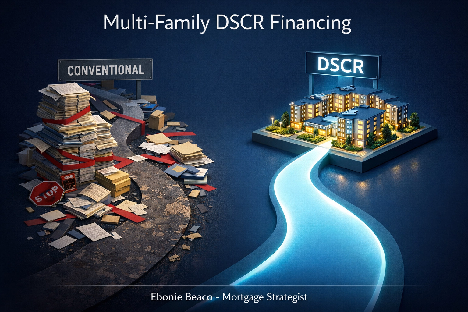 Comparison of conventional versus DSCR loan requirements for multi-family real estate investors.